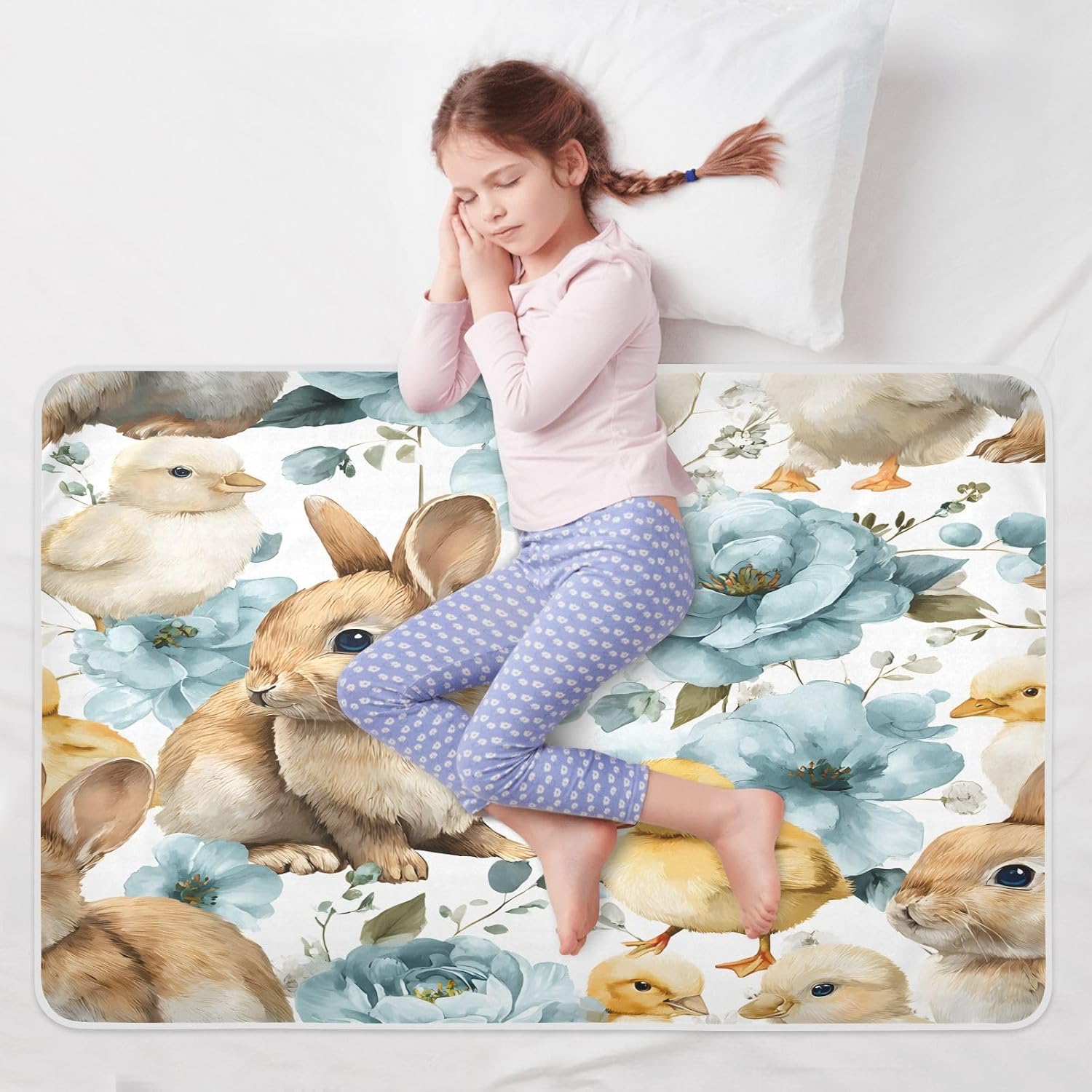 Bunny Duckling and Blue Flower Change Mat, Diaper Changing Pads for Baby, 3Layers Waterproof Change Pad Foldable Absorbent Mats for Women, Reusable Incontinence Underpads for Patient 34''x52''