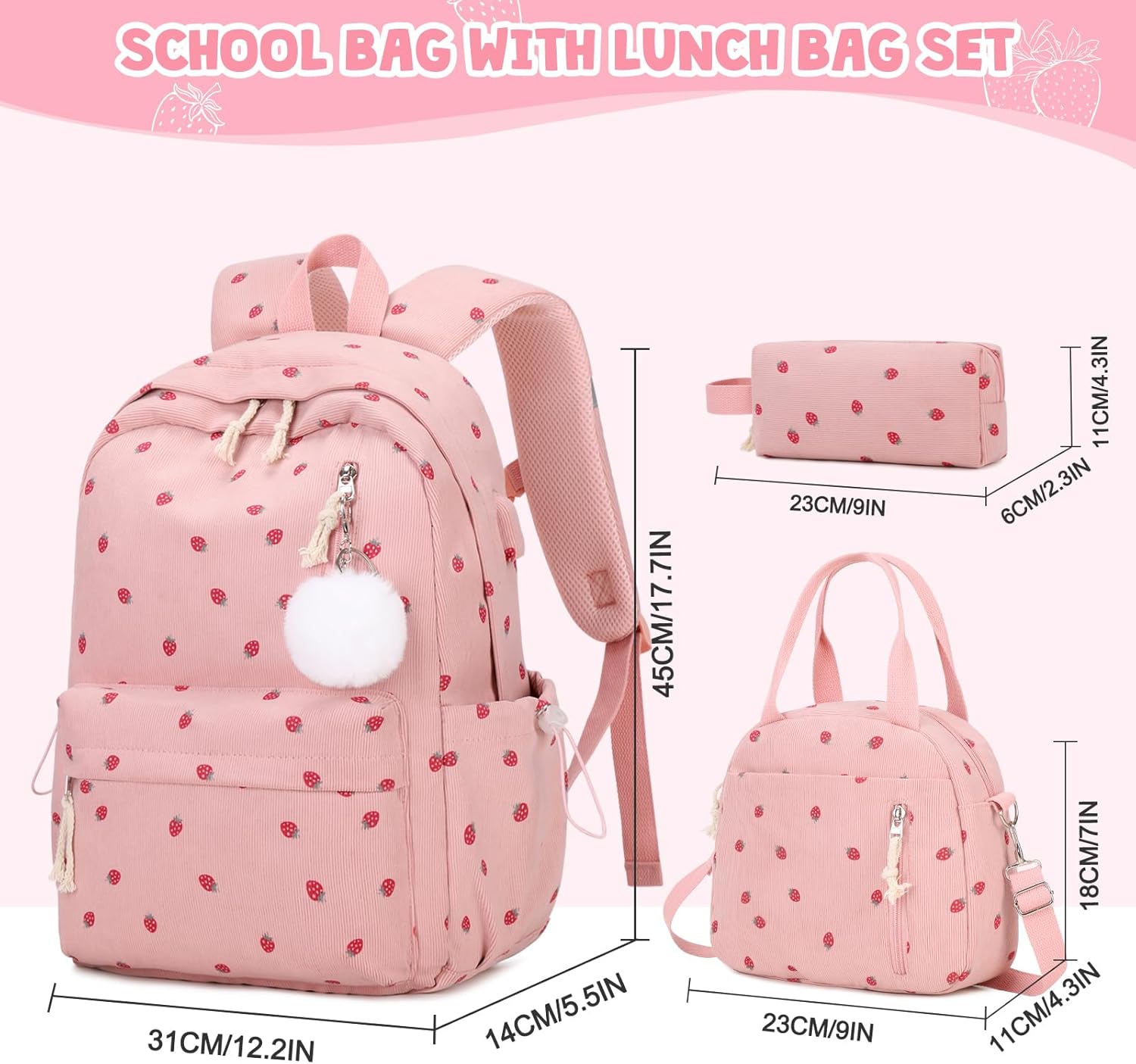 Backpack for Girls - Corduroy Girls Backpack with Lunch Bag & Pencil Pouch for Teen Kids Laptop Backpack for Women, Middle High School Bookbag Travel Daypack (Pink Strawberry) - Image 2