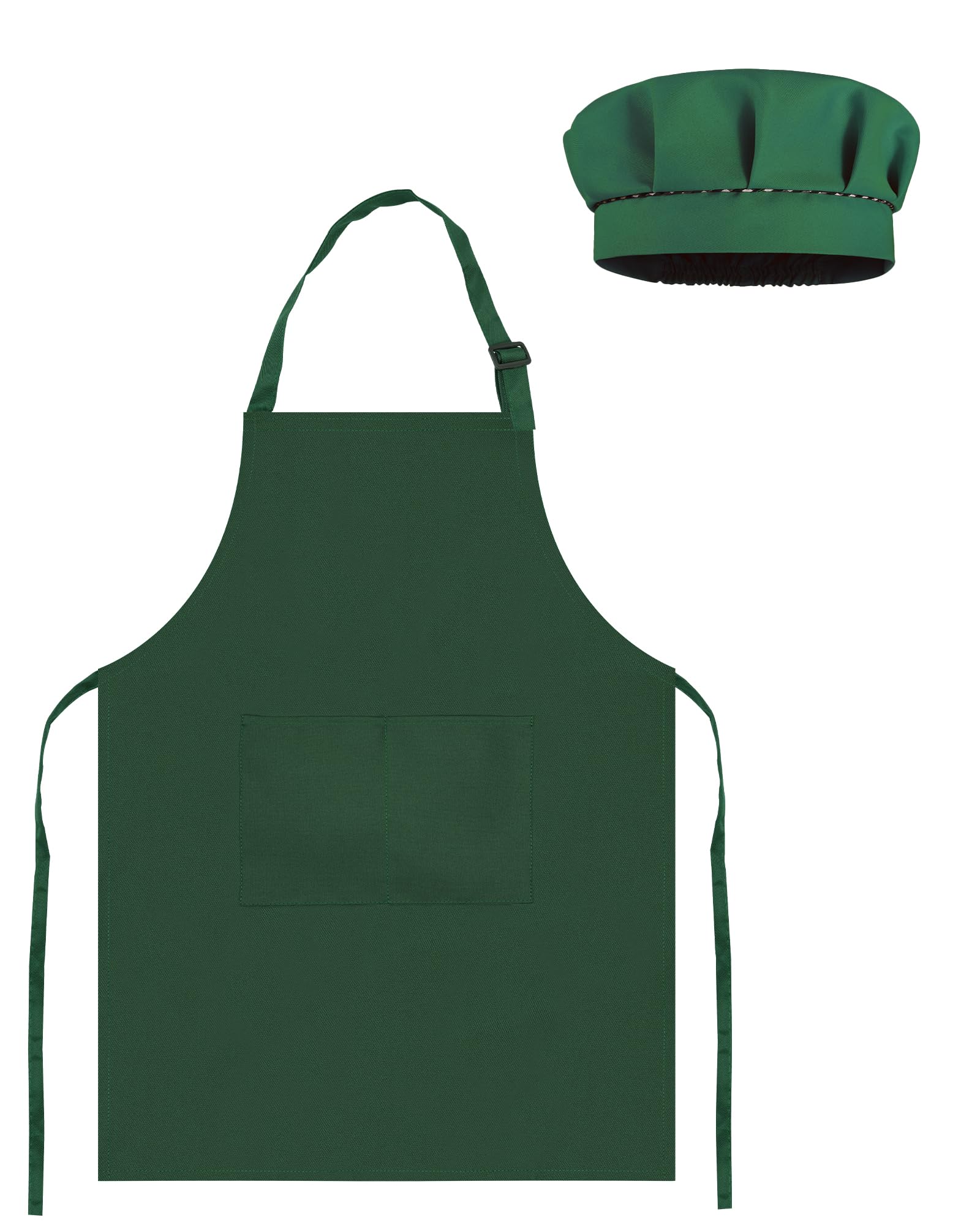 TOPWAYS Kids Apron and Chef Hat Set, Adjustable Children Chef Apron Outfit Costume, Kitchen Apron for Baking Cooking Painting, Artist Apron with Two Pockets (dark green, L (7 to 13 years))