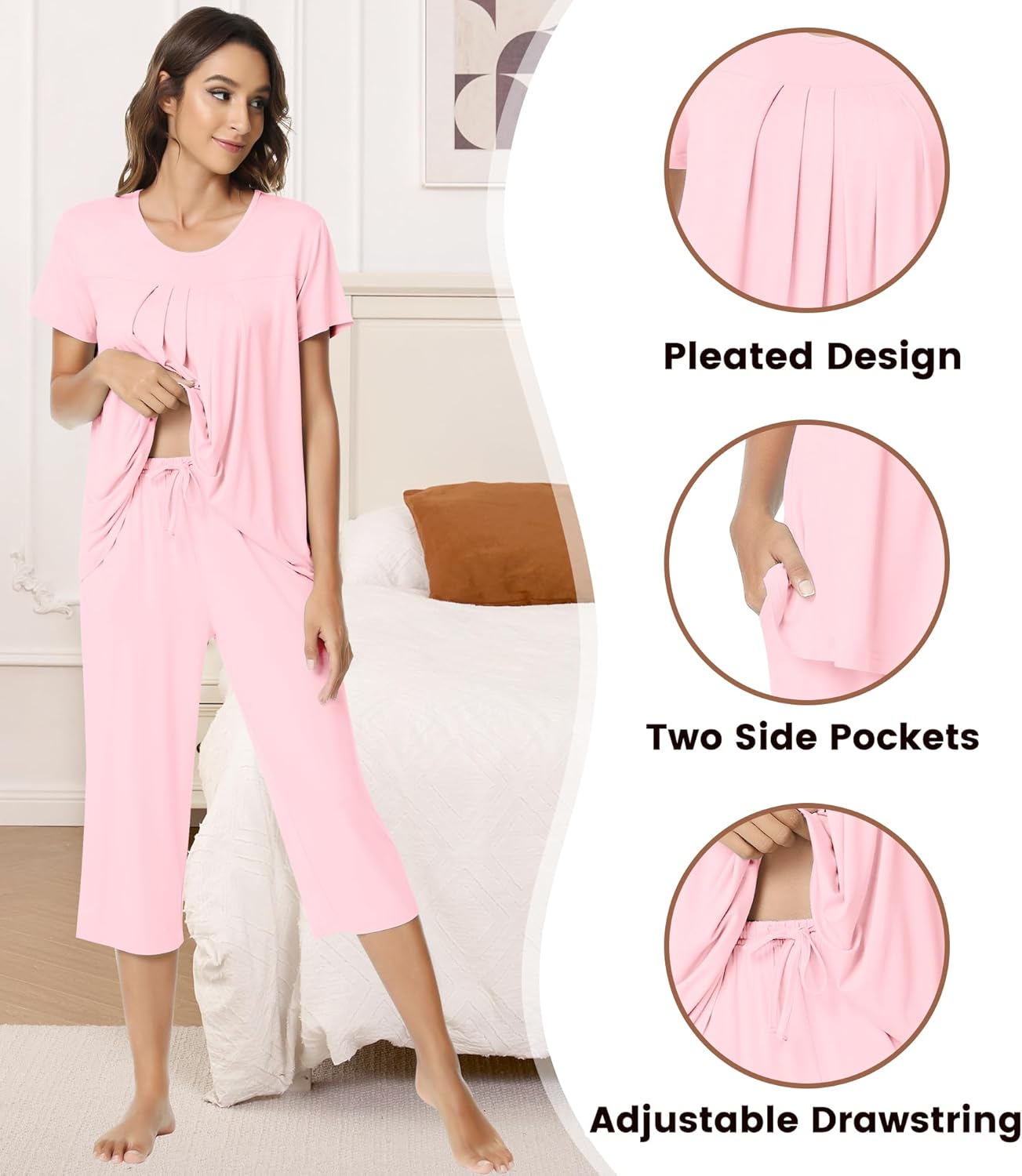 NACHILA Pajamas for Women-Viscose Made from Bamboo,Short Sleeve Sleepwear Cooling Pjs Top Ladies Soft Capri Pants Pajama Sets - Image 4