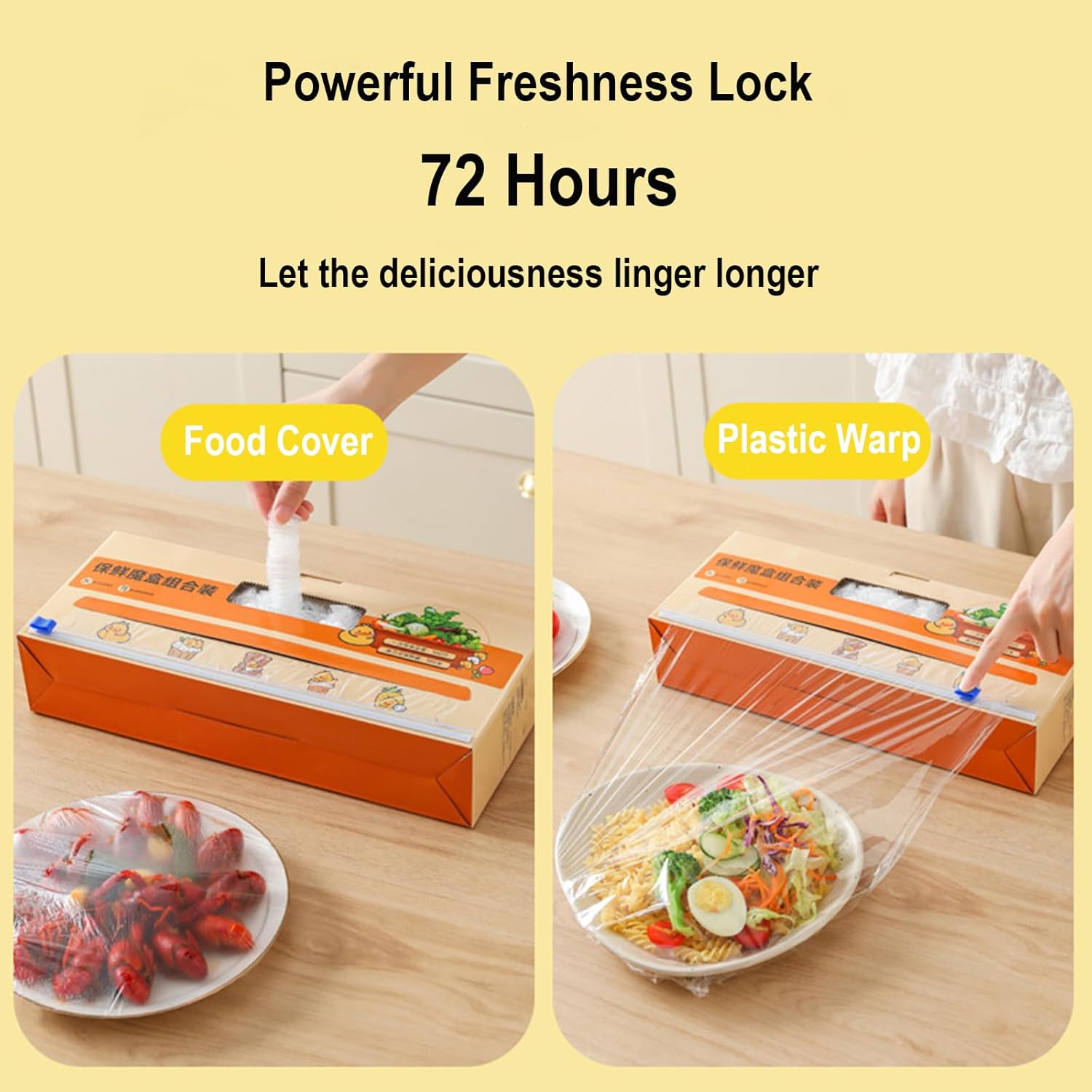 Plastic Wrap with Slide Cutter for Food, 100meters Cling Film with Magnetic Back, Includes 100 Reusable Plastic Bowl Covers, Microwave and Refrigerator Safe, BPA Free (2 Packs)