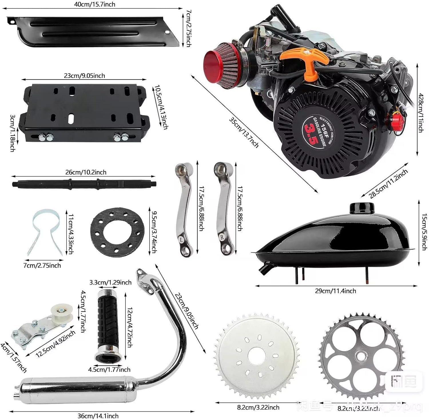 100cc 4-Stroke Bicycle Gasoline Engine Air-Cooled Motor Chain Muffler Complete Assembly Gas Motorized Motor Kit for Motorized Bicycle 26-28inch Bike（with Belt）