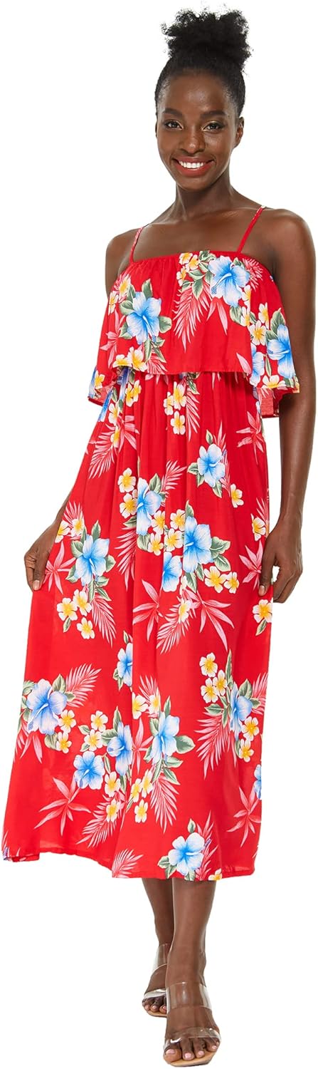 Matchable Couple Hawaiian Luau Shirt or Maxi Ruffle Dress in Hibiscus Red