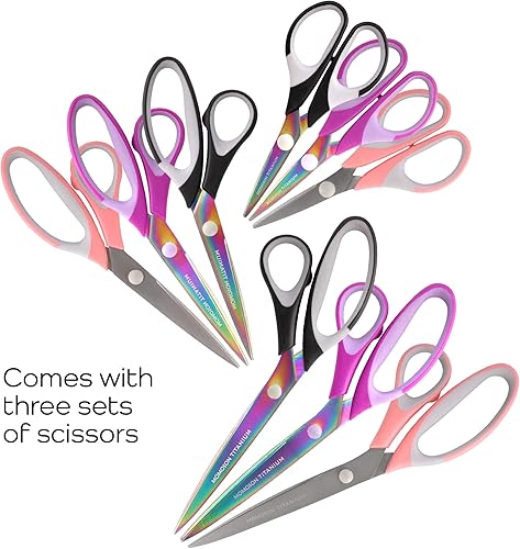 Vista 29 de JubileeYarn - Juego de tijeras de titanio Softgrip - Rosado, costura, arte, manualidades, oficina, 1 juego de 4 unidades, color morado 4 piezas