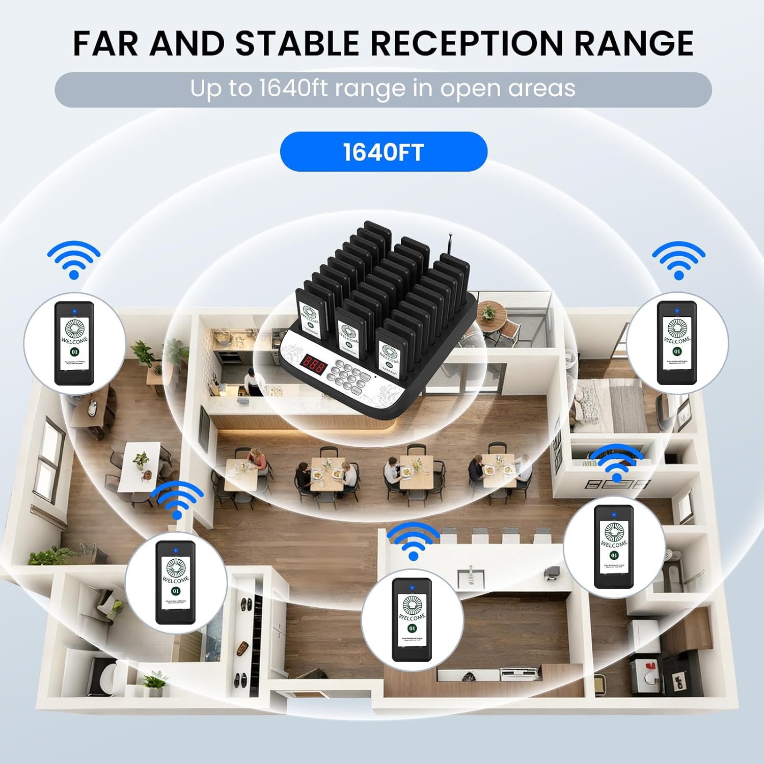 Queue Wireless Calling System,Restaurant Pager System 30 Buzzers with Vibration, Flashing and Buzzer,1640ft Long Range Pagers for Restaurants Food Truck Church Nursery Cafe Bar