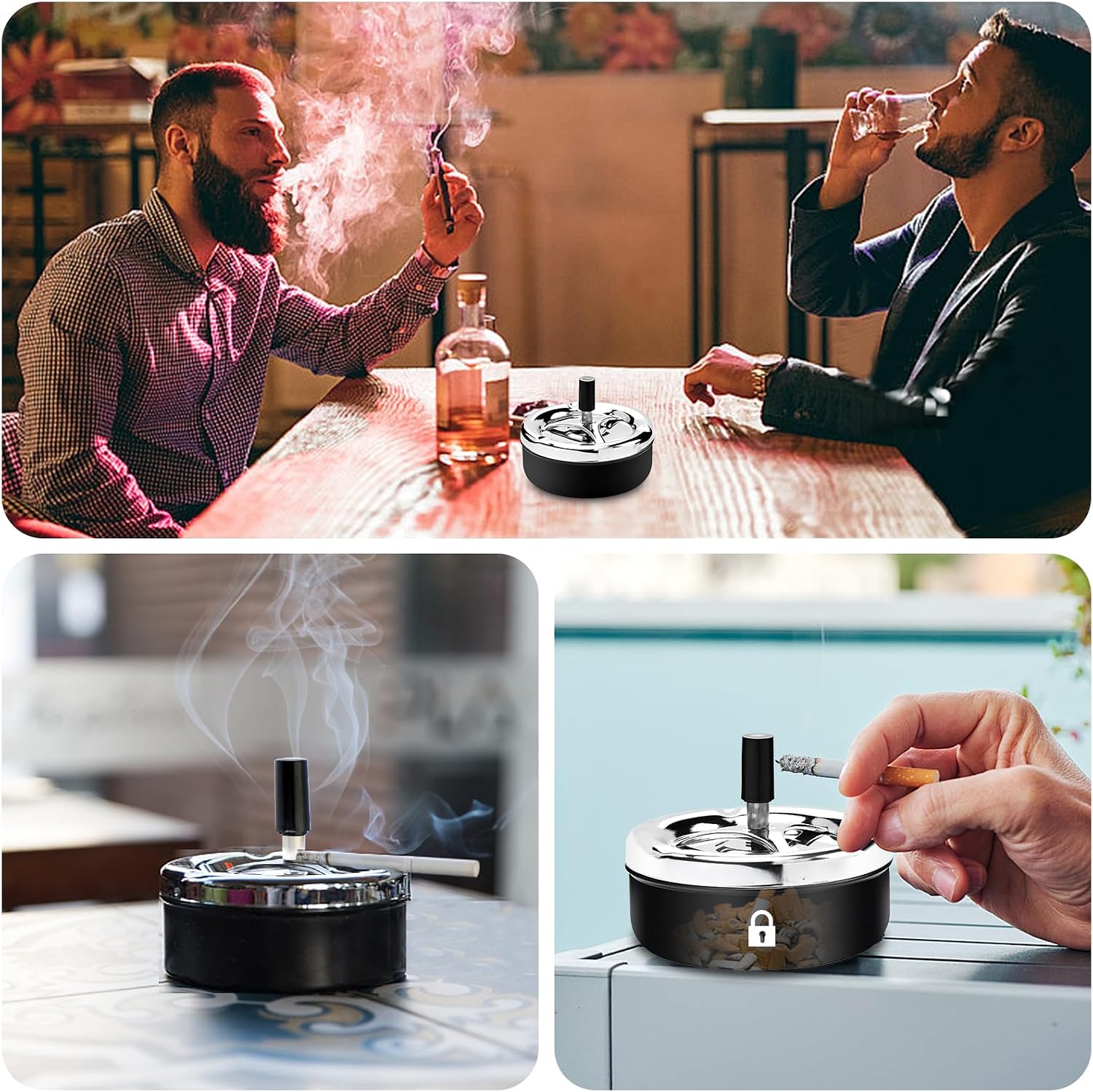 Push Down Ashtray with Spinning Tray Metal Cigarette Ashtray Modern Outdoor Ash Tray with Windproof Lid Large 5.2 Inches for Home Office Indoor or Outside Use (Black)