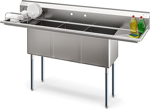KoolMore 75 in. Three Compartment 16-Gauge Stainless-Steel Commercial Kitchen Sink, Bowl Size 15x15x14, with Three Basins and Pre-Drilled Faucet Holes for Restaurants and Cafes KM-SC151514-15B316