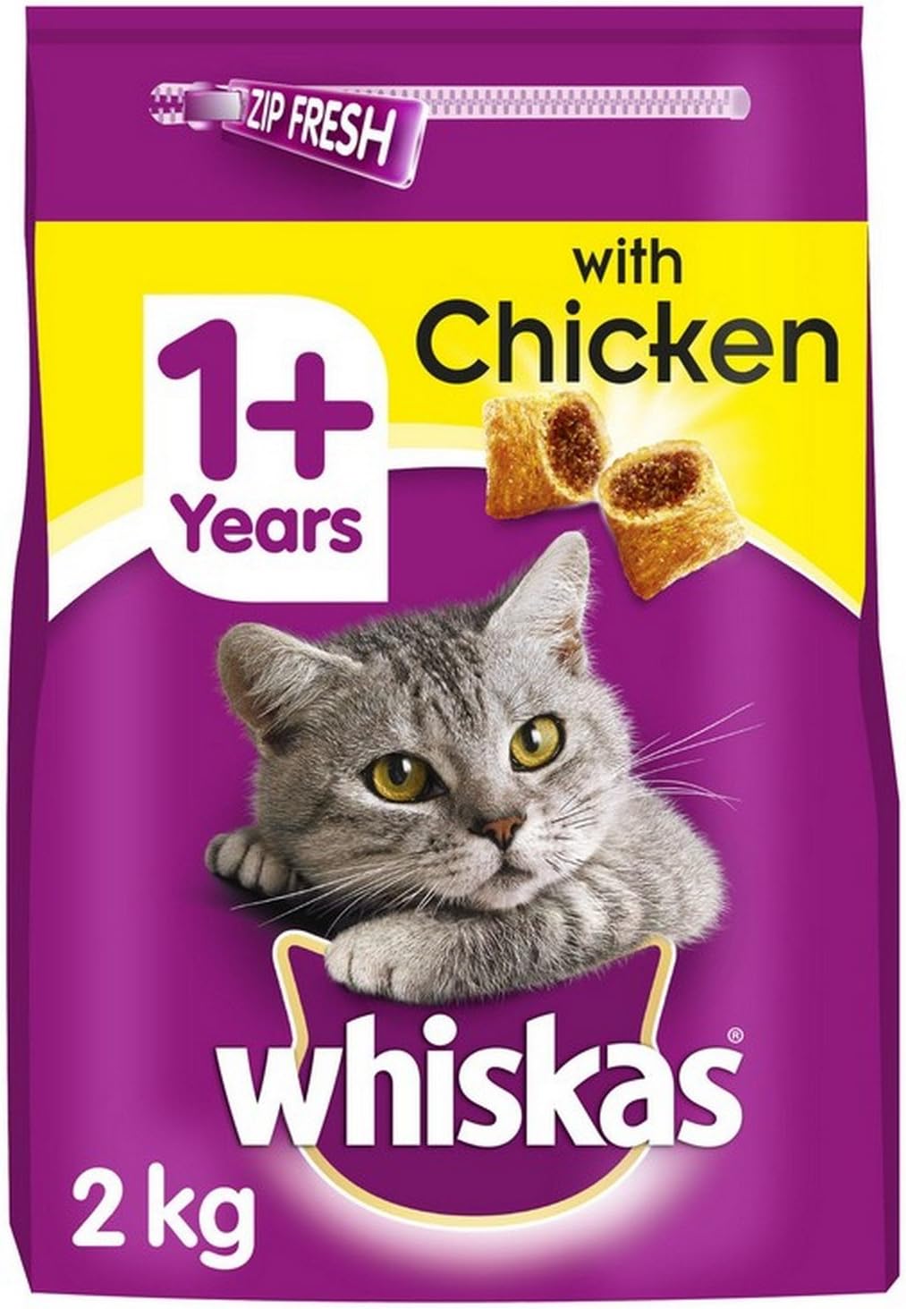 Whiskas 1+ Dry Cat Food for Adult Cats Kibble with Chicken, 2kg