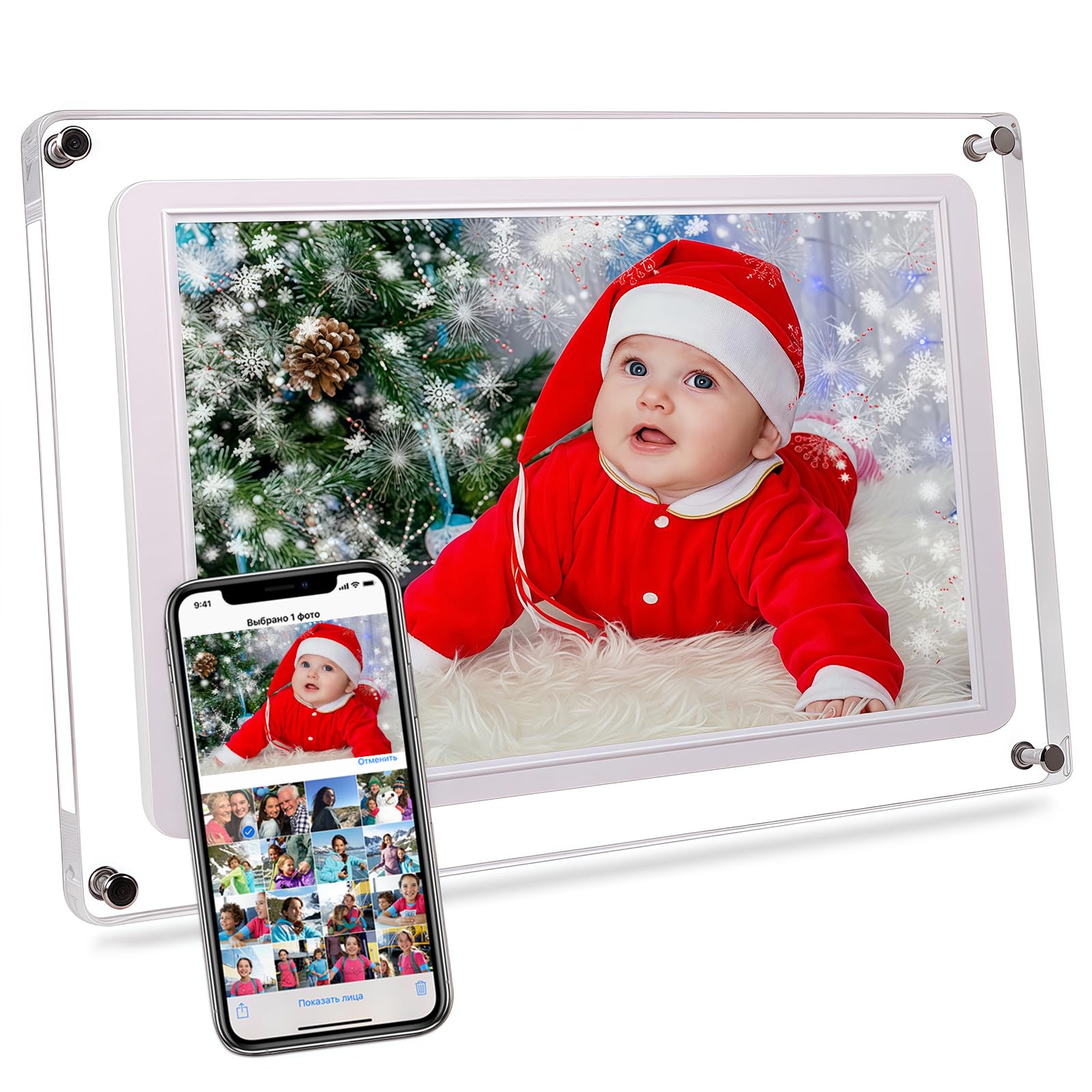Maovz 10.1-Inch Wi-Fi Digital Picture Frame with Frameo App - Acrylic Frame Design, 32GB Storage, IPS Touchscreen, Auto-Rotate, Easy Sharing via App (