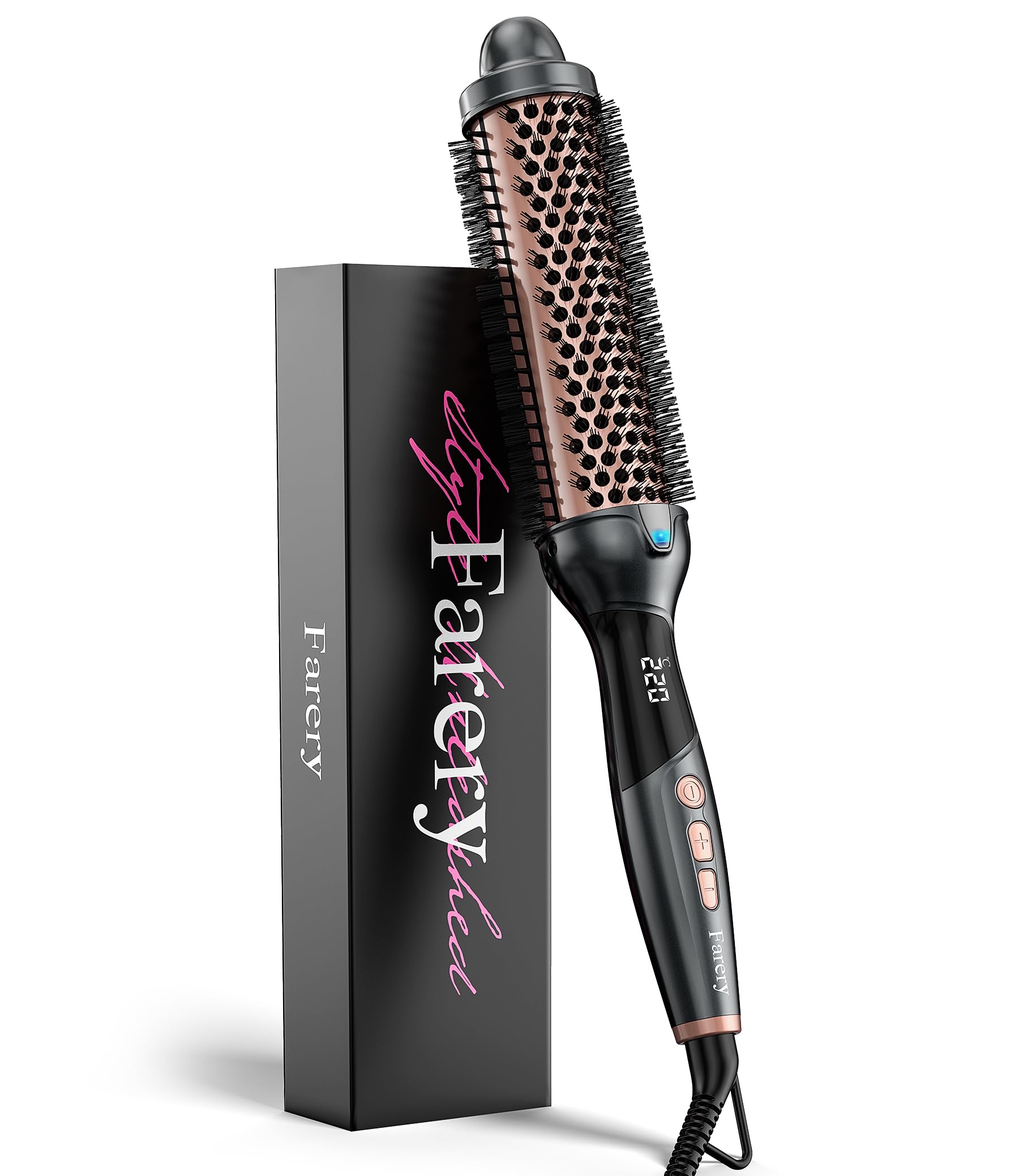 Brocha térmica Farery, Brocha caliente de 38mm para cabello suelto y voluminoso, Brocha térmica para rizado con cerámica, turmalina e iones, Brocha caliente con 9 temperaturas, Doble voltaje.