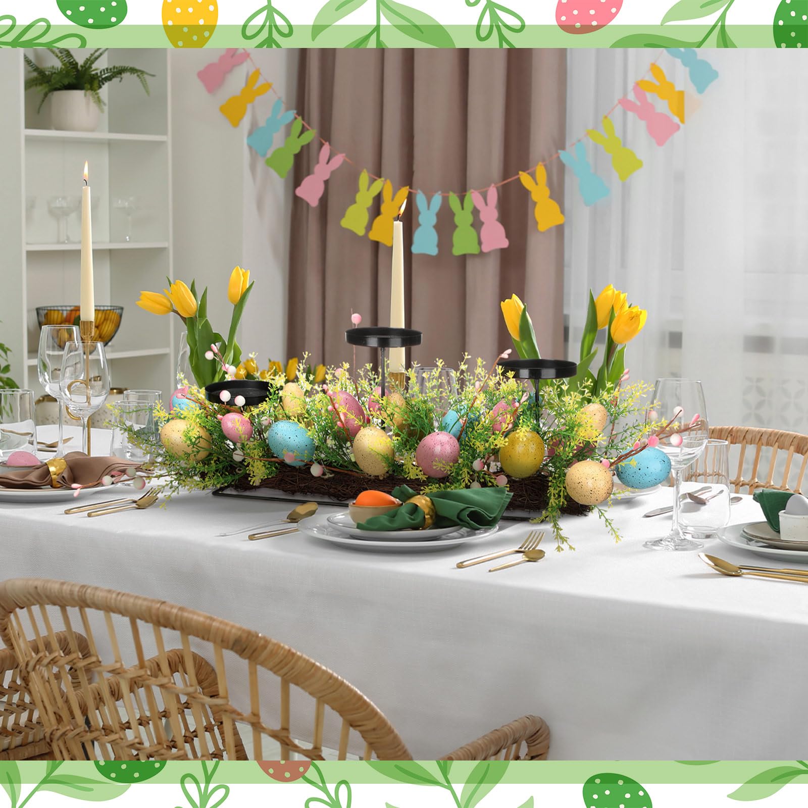 Zonon 54,9 cm große Osterkerzendekoration mit Eiern und Zweigen, 3 Oster-Stumpenkerzenhalter, Tischdekoration für Ostern, Zuhause, Tischdekoration, Party-Dekoration