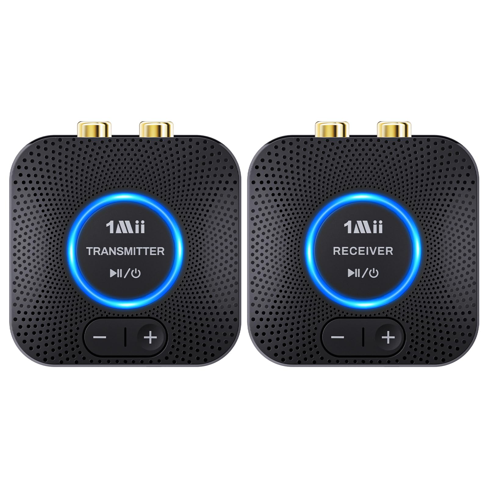 1Mii 2.4GHz (1 TX+1 RX) Set Trasmettitore e Ricevitore Audio Wireless per TV, Bassa Latenza 25ms con Ingresso/Uscita AUX RCA da 3.5mm, Adattatore Audio Wireless per TV, PC, Altoparlante, Amplificatore