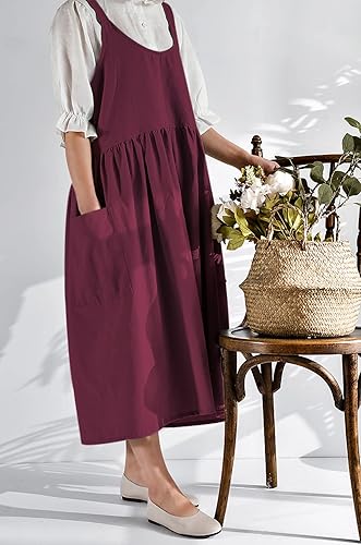 Miniatura 3 de NEWGEM Delantal de lino y algodón con espalda cruzada para mujer, con bolsillos, lindo vestido japonés coreano, color rojo púrpura
