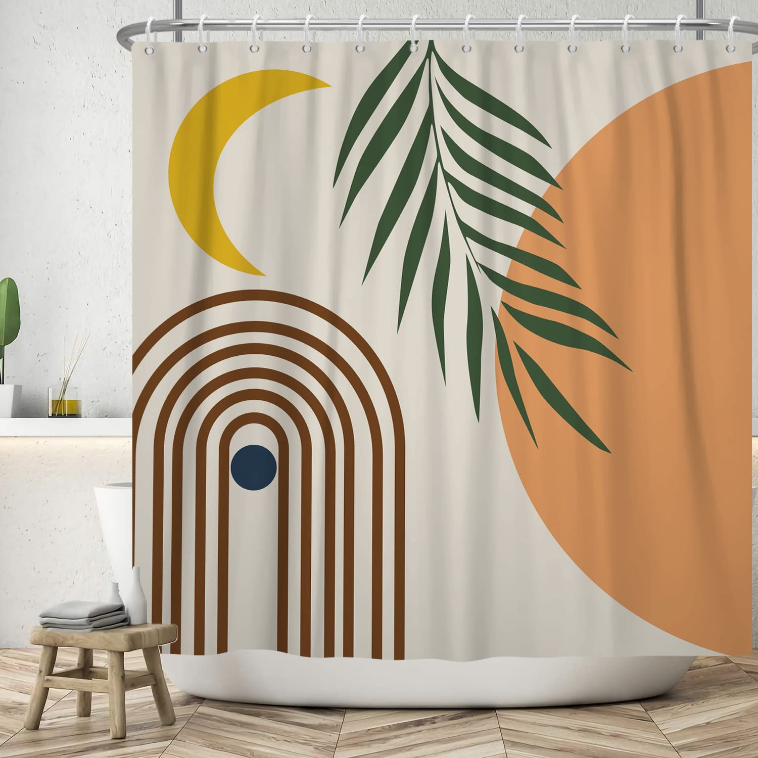 Ttincceer 152x183cm Abstract Shower Curtain Line Rainbow Moon Palm Leaf Bathroom Curtain Watercolor Tropical Plant Boho Bath Curtain Waterproof Bathtub Curtain — image 1