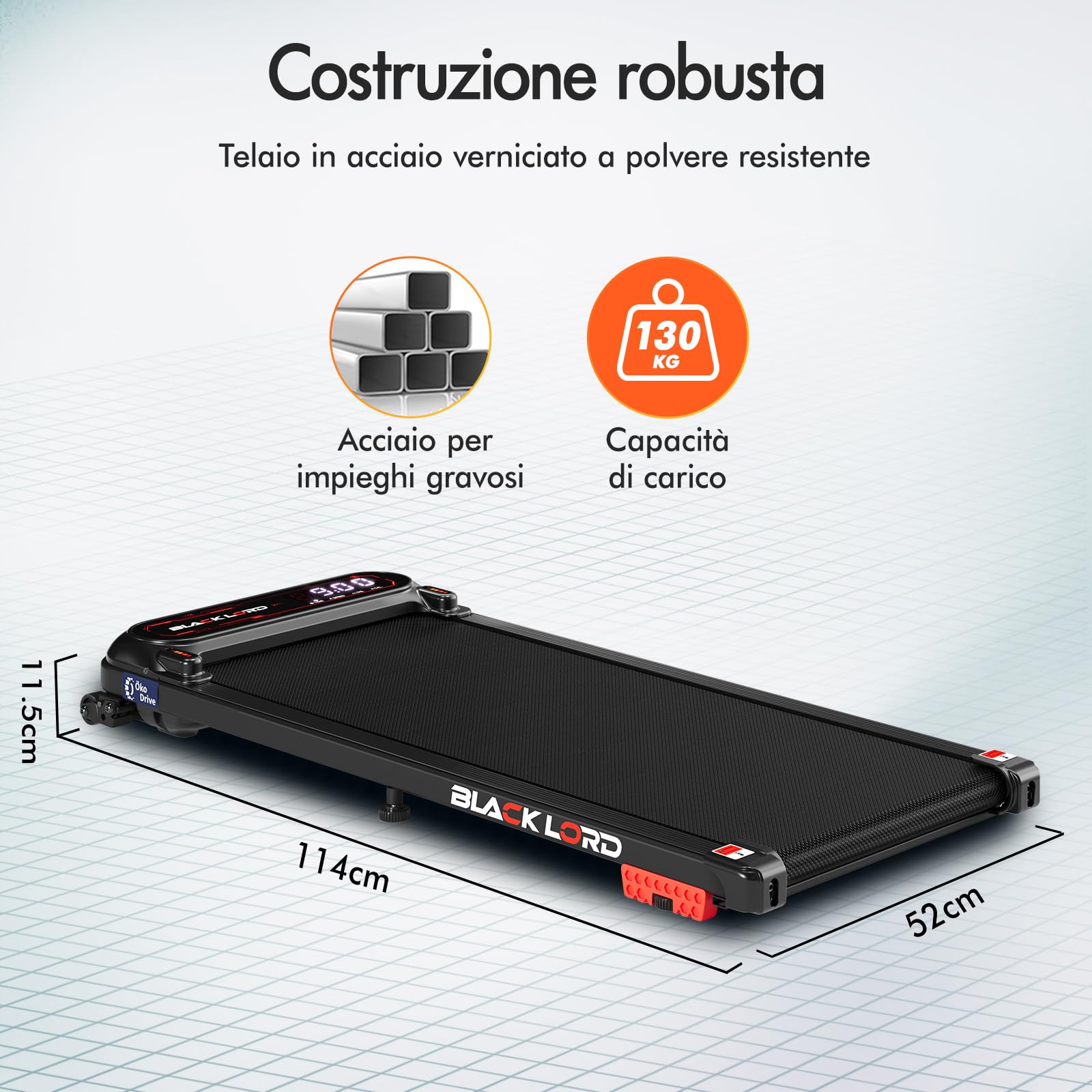 BLACK LORD Tapis roulant X7, Walking Pad sottoscrivania, Motore silenzioso 3.0CV, Portata 130kg, Tracciamento Bluetooth, 3 livelli inclinazione, Nastro antiscivolo (Senza maniglione, Nero)