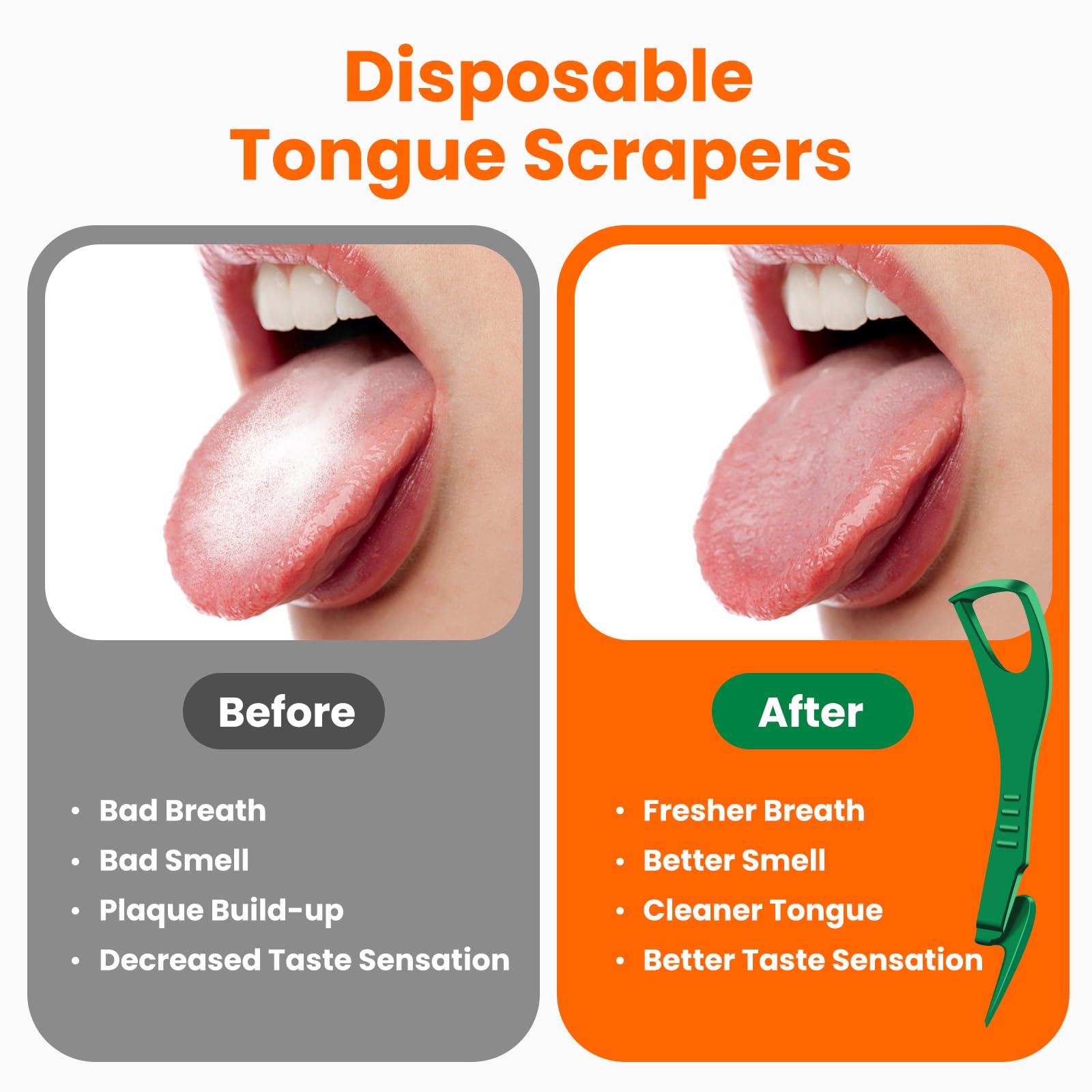 Raspadores de lengua para adultos, raspador de lengua desechable con púas dentales, el mejor limpiador de lengua de plástico desechable, sin BPA, kit esencial de higiene bucal, 36 unidades