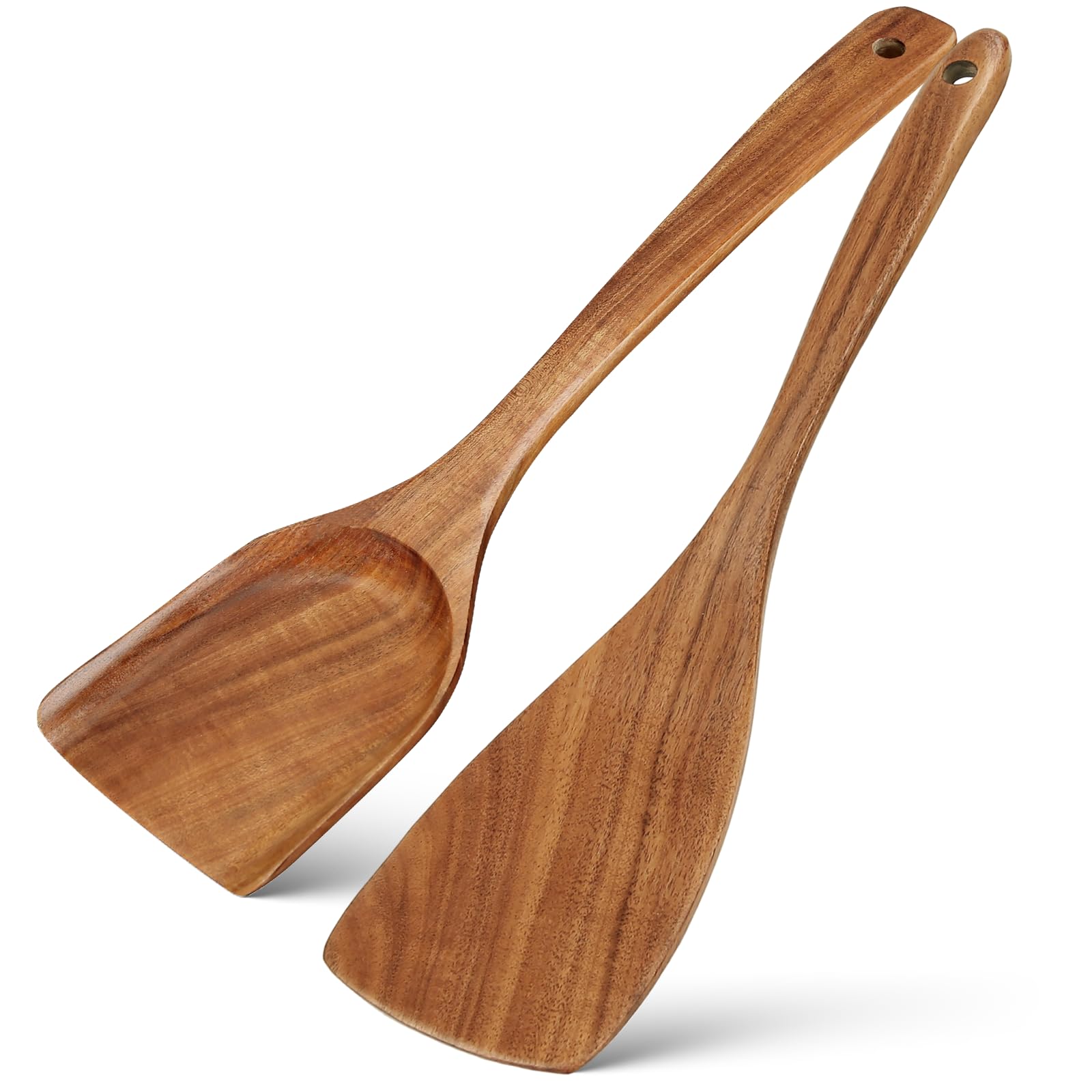 Wooden Spatula for Cooking, 2Pcs Natural Teak Wooden Spatula, Long Handle Frying Turner for Nonstick Cookware