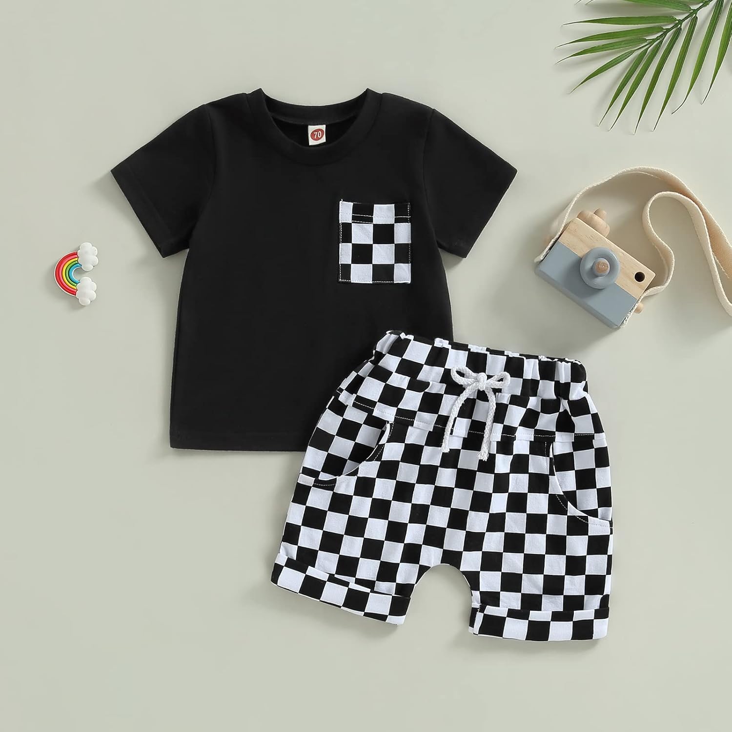 Karuedoo Baby Boy Girl Summer Outfits Checkered Plaid Short Sleeve T-Shirt Top Shorts Set Trendy Toddler Checkerboard Outfit - Image 2