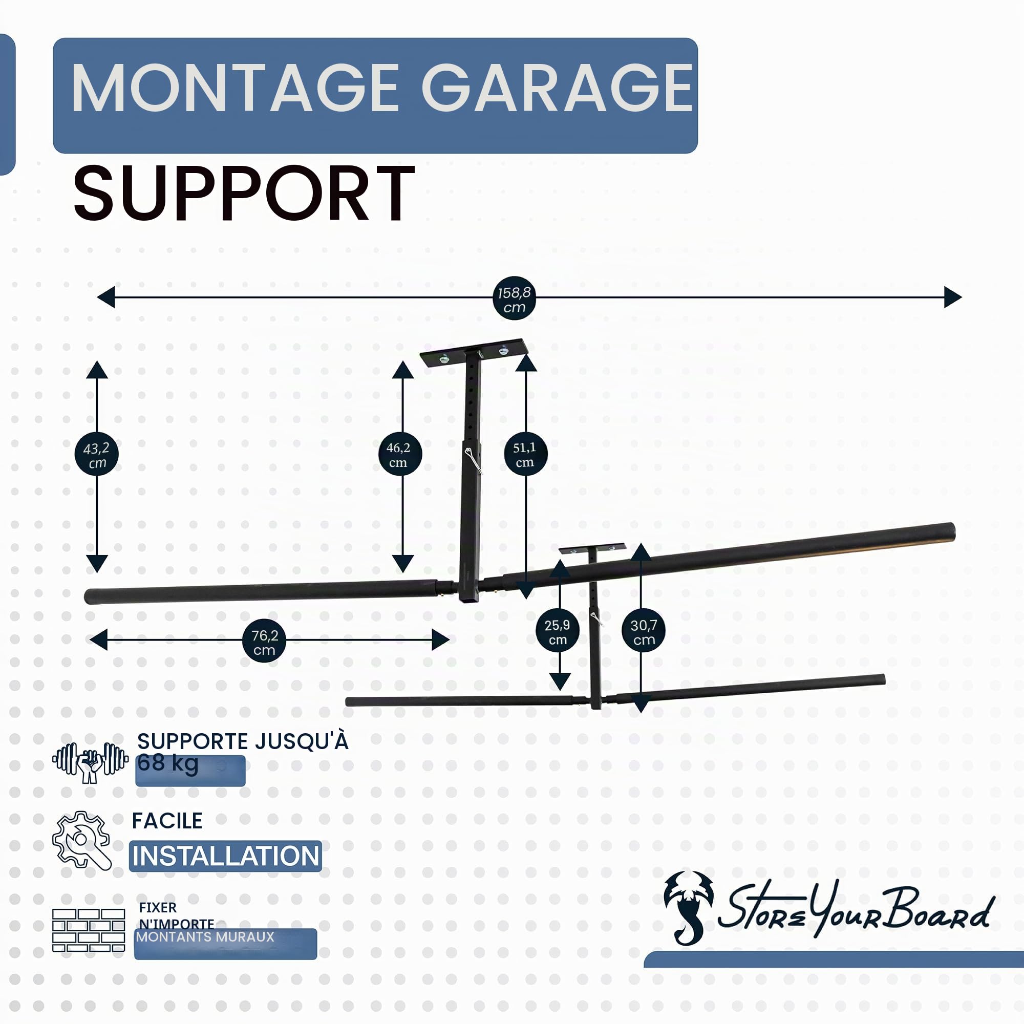 StoreYourBoard Étagère de rangement de plafond double SUP et surf, Hi Port 2, pour la maison et le garage (XL (accoudoirs de 76,2 cm)