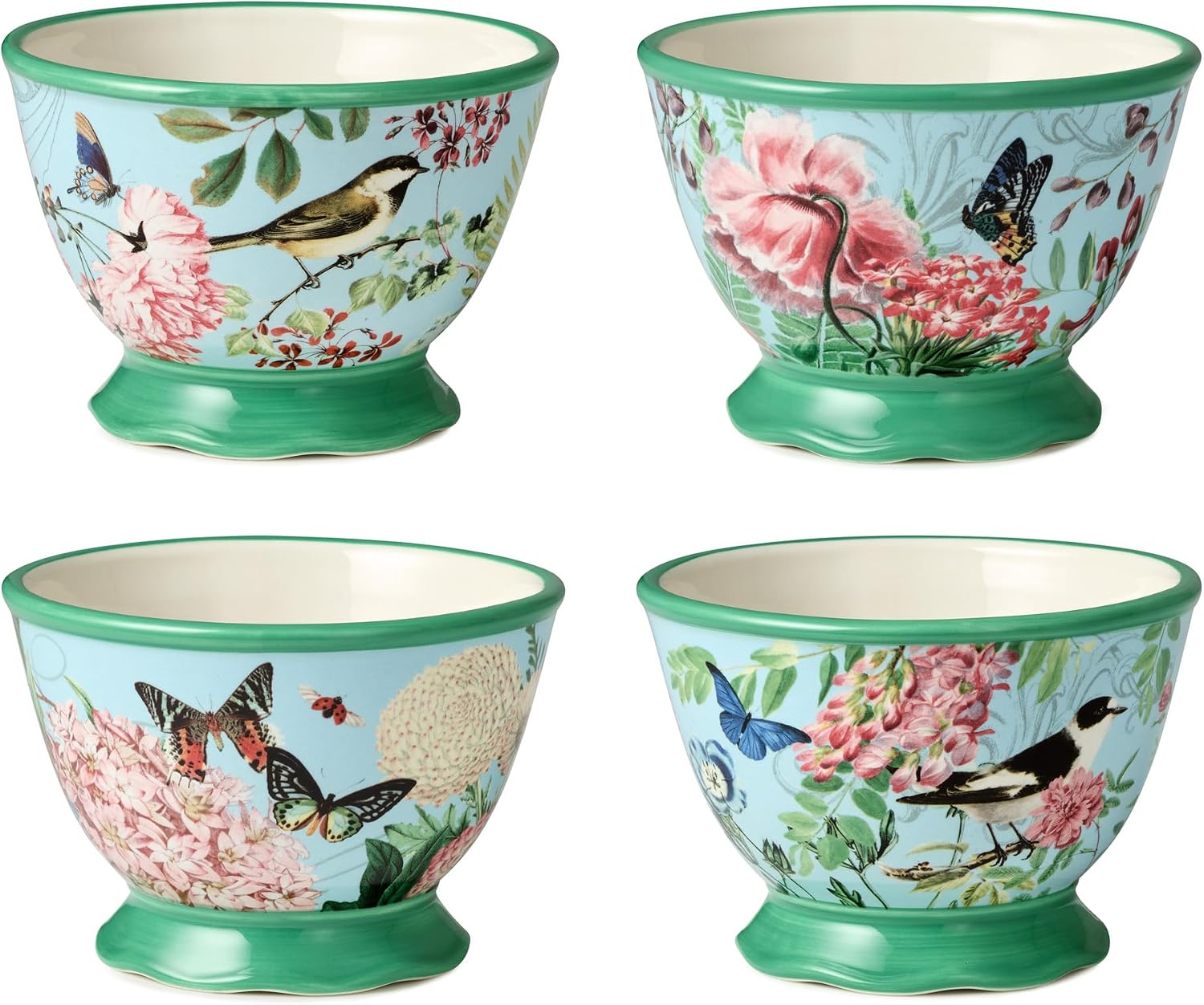 Certified International Flora Set of 4 Pedestal Ice Cream Bowls – 5.25" x 3" Ceramic Bowls with Pastel Floral, Butterfly, and Bird Designs, Perfect for Ice Cream, Parfaits, and Small Salads