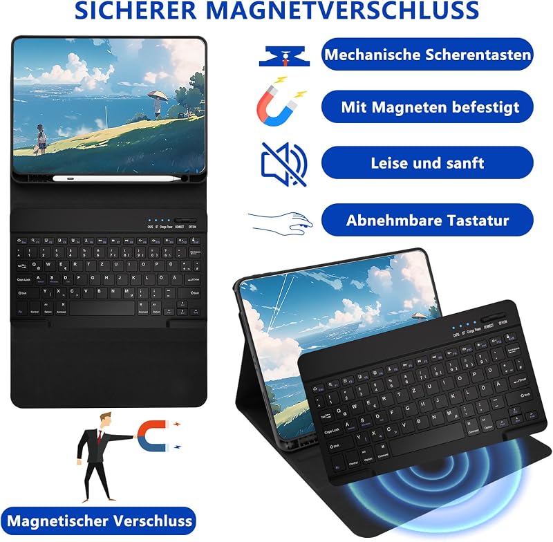 HOTLIFE iPad Air 11 hüvely billentyűzettel, M2/M3 2024/2025, toll tartóval, fekete
