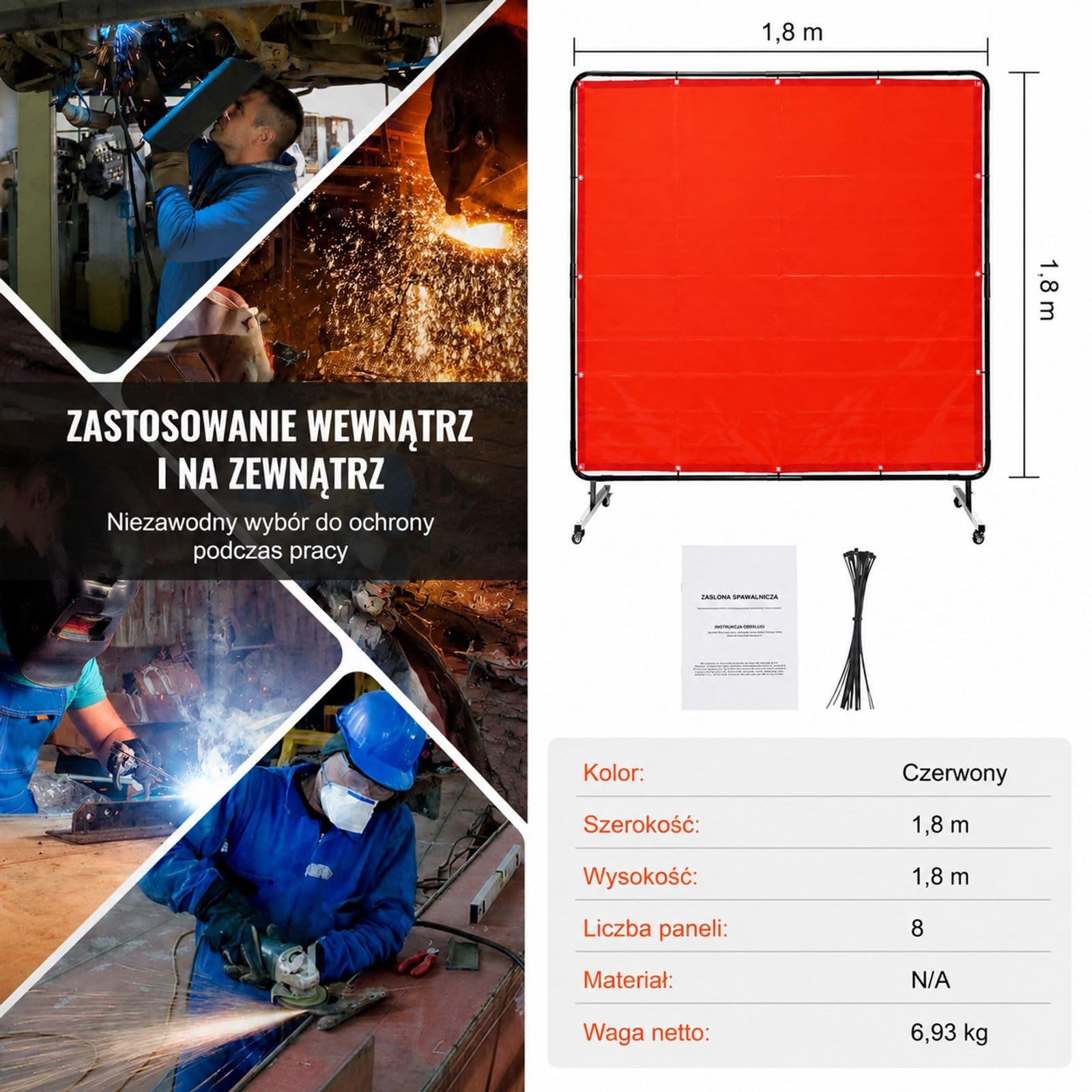 Kurtyna spawalnicza z ramą, czerwony ekran winylowy na 4 kółkach obrotowych do stanowisk warsztatowych, 8 segmentów