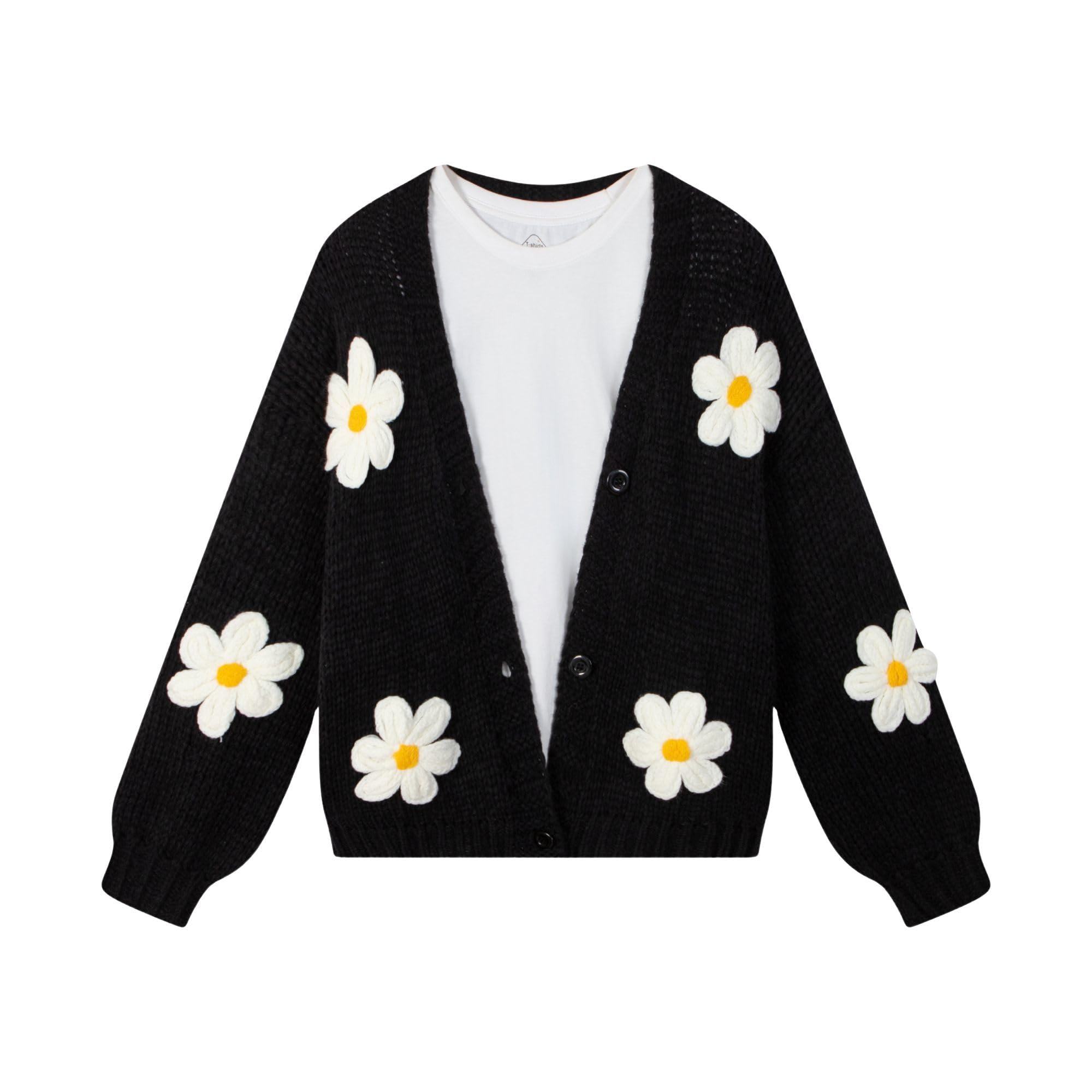 FindThy Women’s Kawaii Strawberry Embroidered Cardigan Long Sleeve V Neck Chunky Knitted Cardigans Tops