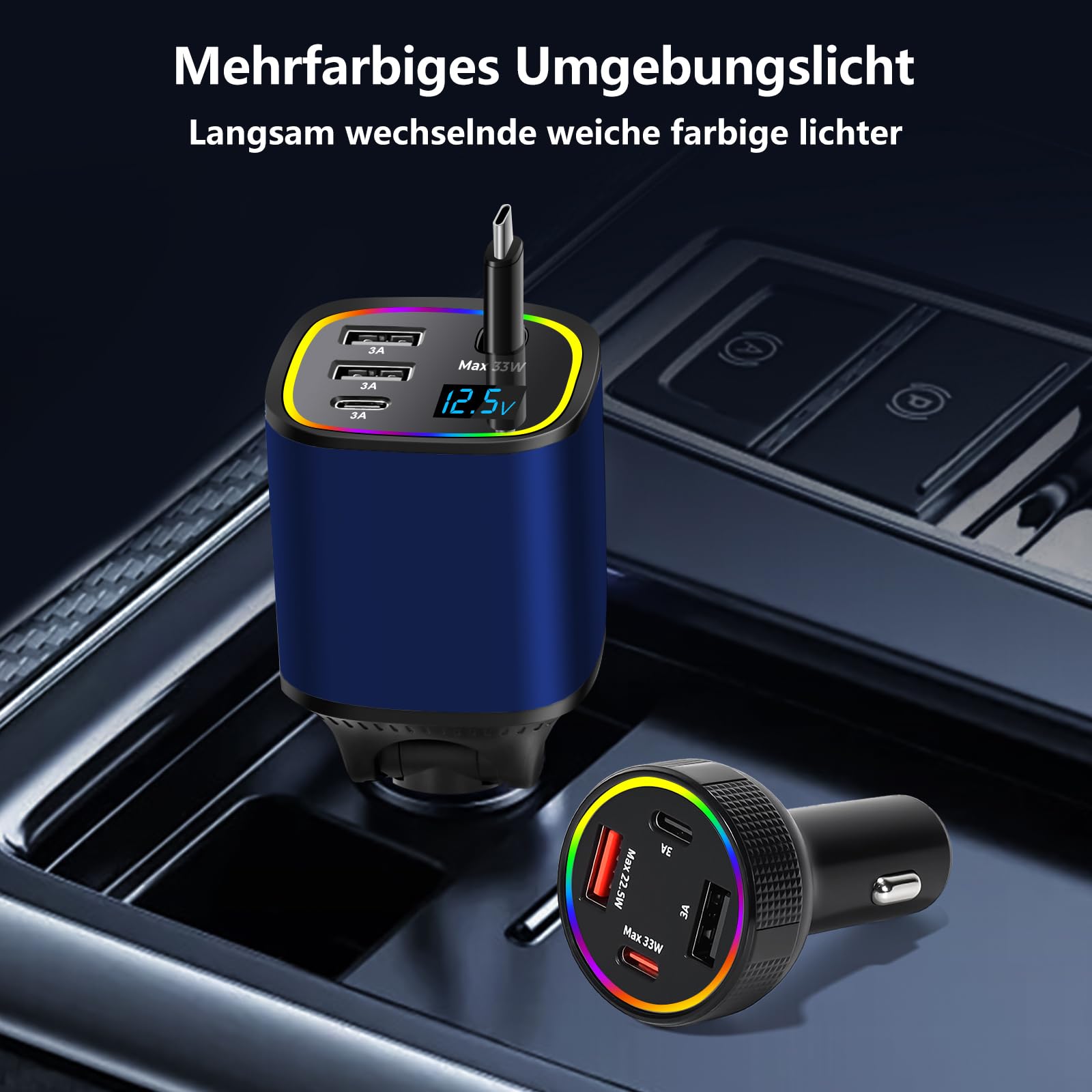 Ładowarka samochodowa USB C, 4 w 1, chowana, 78 W, szybkie ładowanie, ładowarka USB C, adapter do zapalniczki samochodowej, adapter typu C na L do iOS/Android
