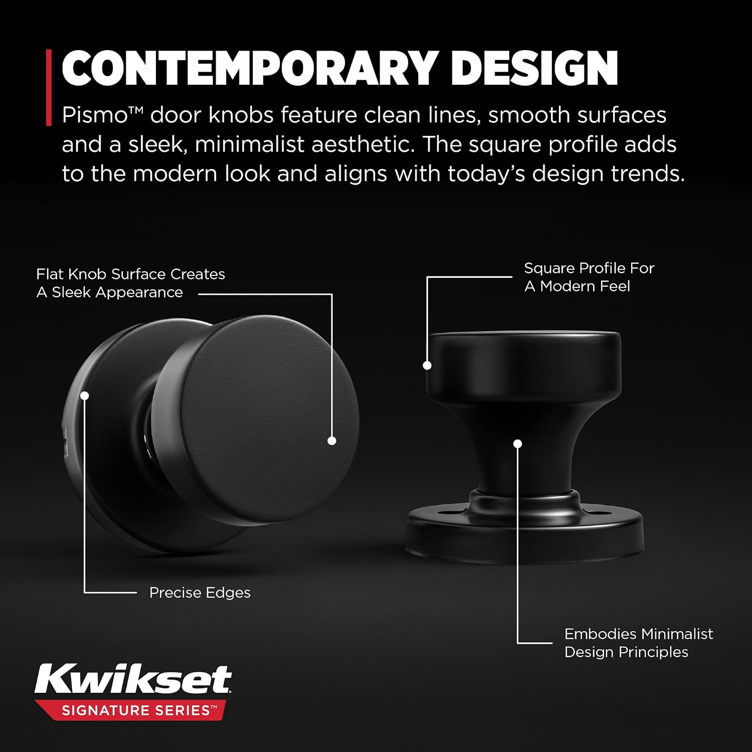 Kwikset Pismo Interior Passage Door Knob, Handle for Closet and Hallway Doors, Non-Locking Doorknob in Matte Black, with Microban Protection (Pack of 4)