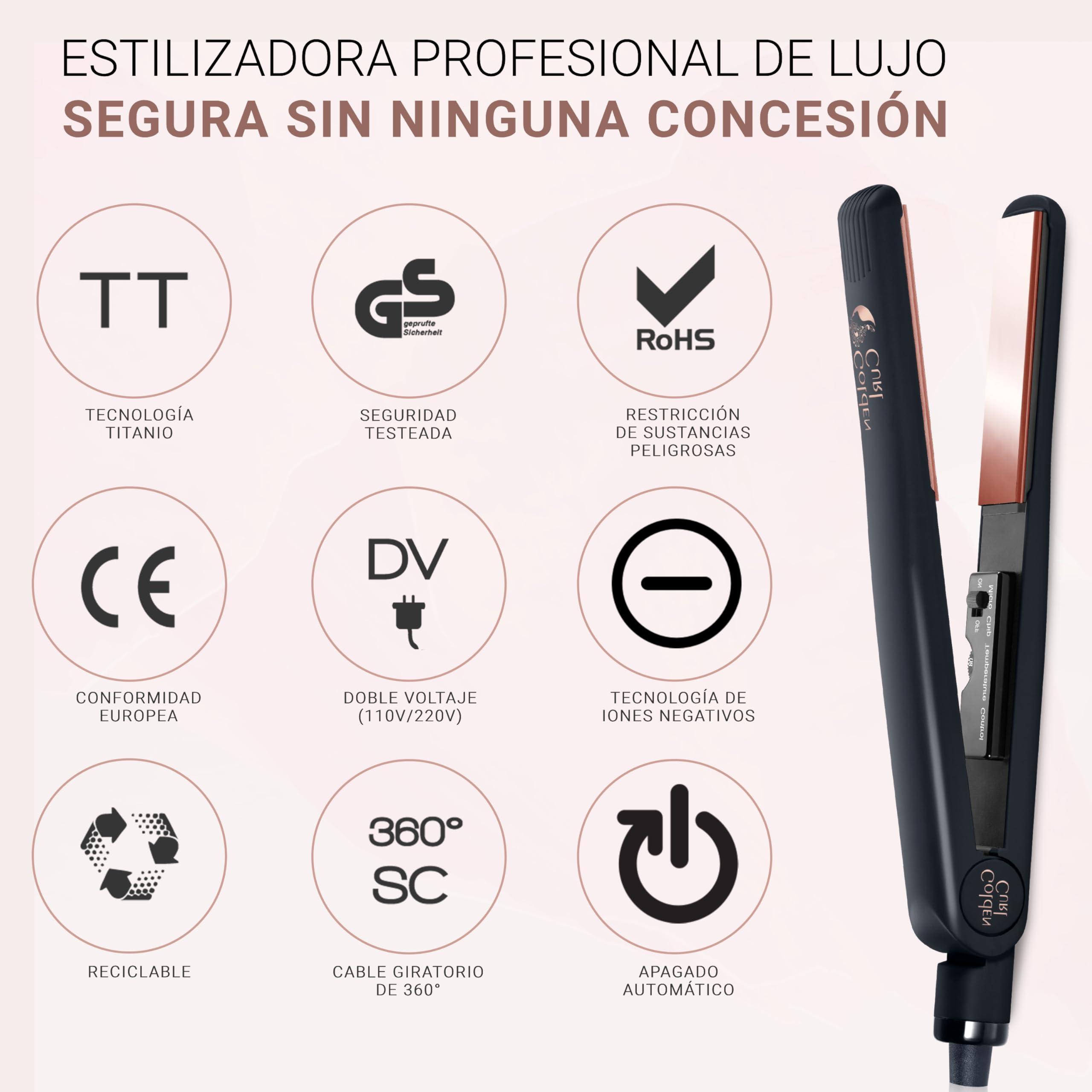 Golden Curl Planchas del Pelo para Alisar y Rizar - 5 Años de Tranquilidad - Alisador y Rizador de Pelo 2 en 1 Profesional - Modelador de Cabello para Alisar o Hacer Ondas (Oro Rosa)