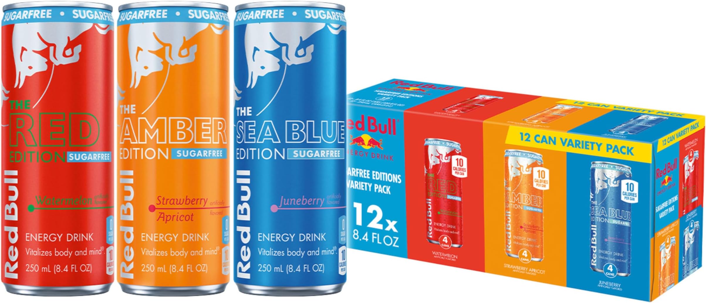 Red Bull Sugar-Free Energy Drink Variety Pack, Energy Drink, Red, Amber, & Sea Blue with 80mg Caffeine plus Taurine & B Vitamins, 8.4 Fl Oz, Pack of 12 Cans