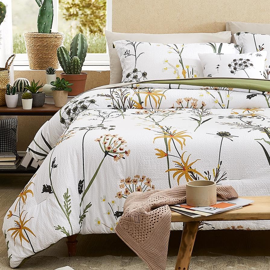 CASAAGUSTO King Comforter Set 7 PCS White & Green Dandelion Plant Comforter Set with Flowers Leaves Pattern Soft Seersucker Design All Season Bedding Set(102"X90")