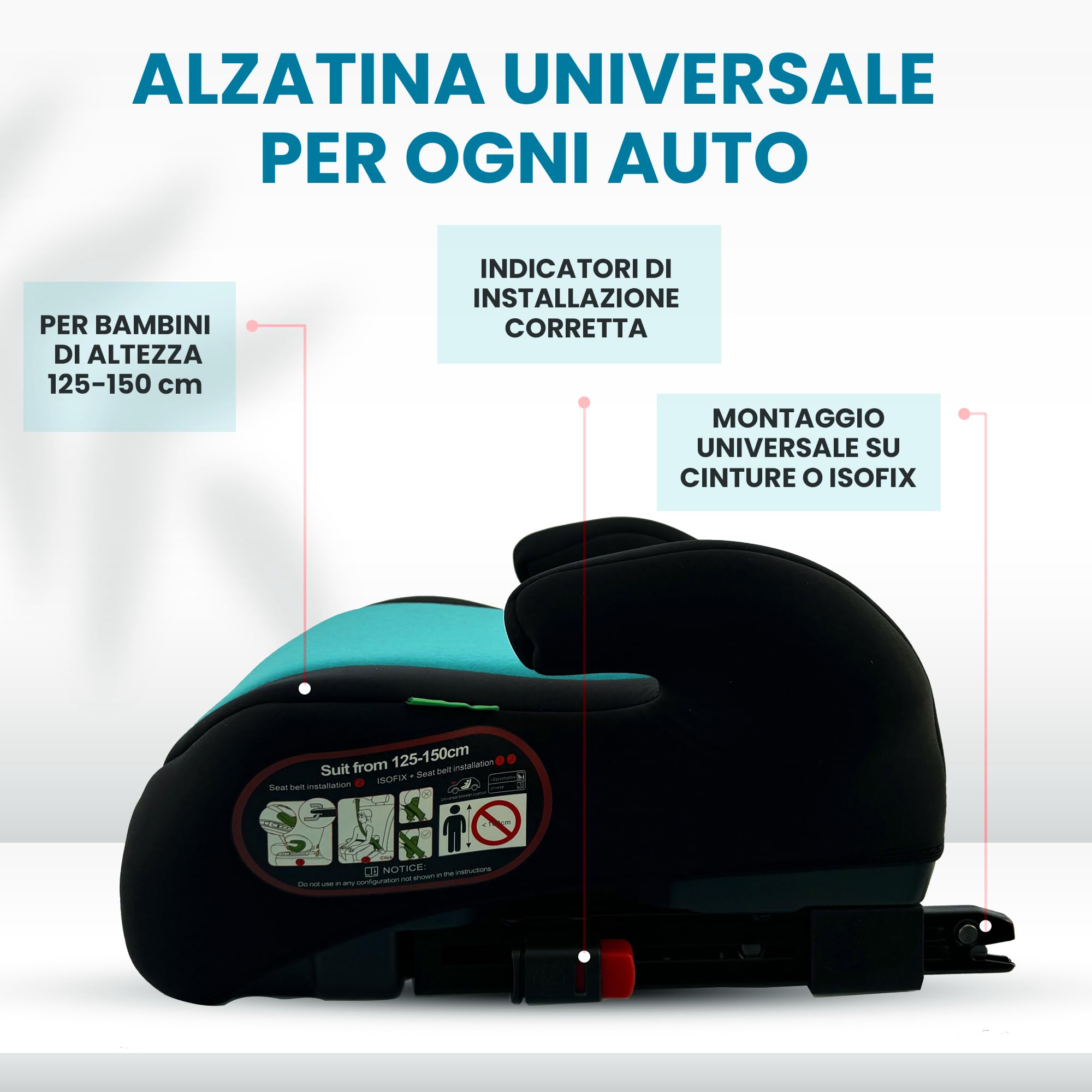 Mein Rialzo Auto per Bambini I-size con ISOFIX Alzatina auto bimbi 125-150 cm Rialzo auto per bimbi 22-36kg Seggiolino auto gruppo 2-3 (6-12 anni) (VERDE)