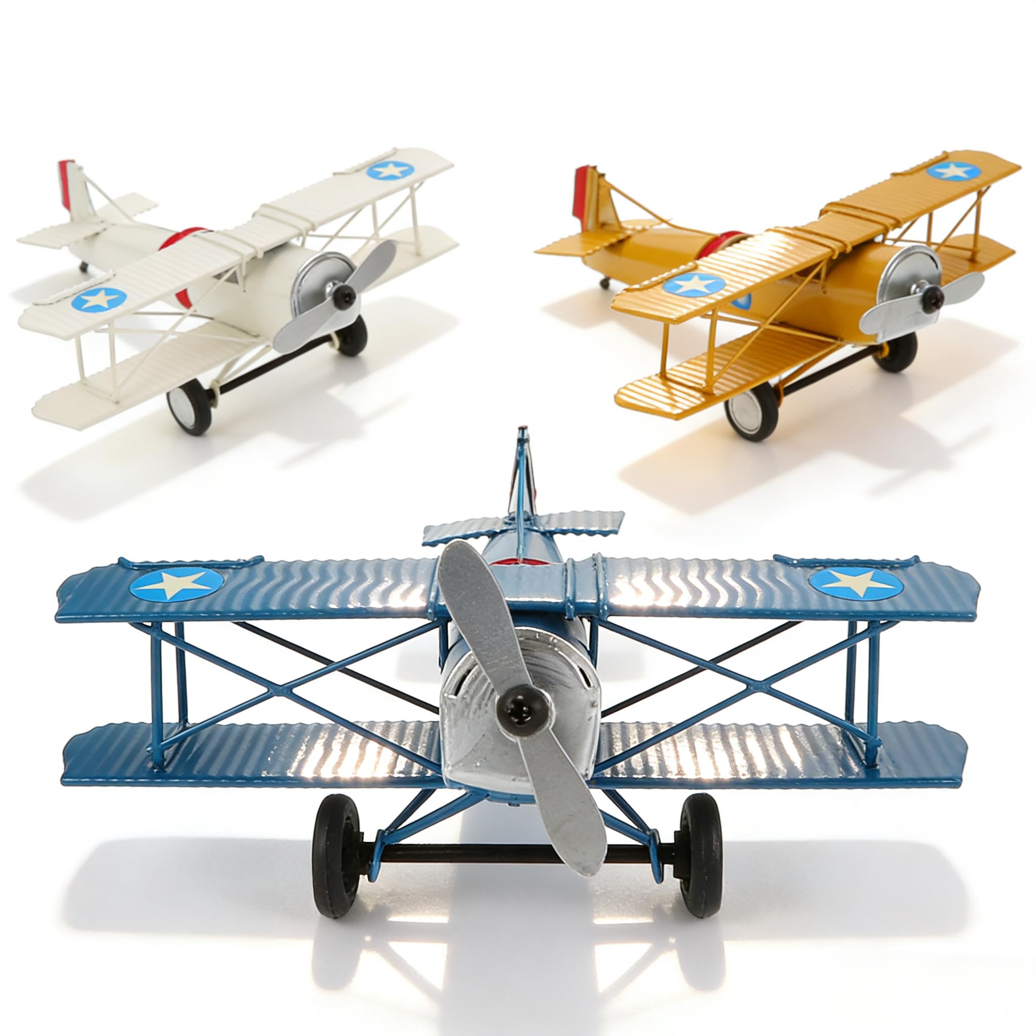 NUOBESTY Lot de 3 modèles d'avion vintage en métal – Ornements d'avion biplan rétro en fer pour décoration d'intérieur, décoration de bureau, accessoires photo, objets de collection