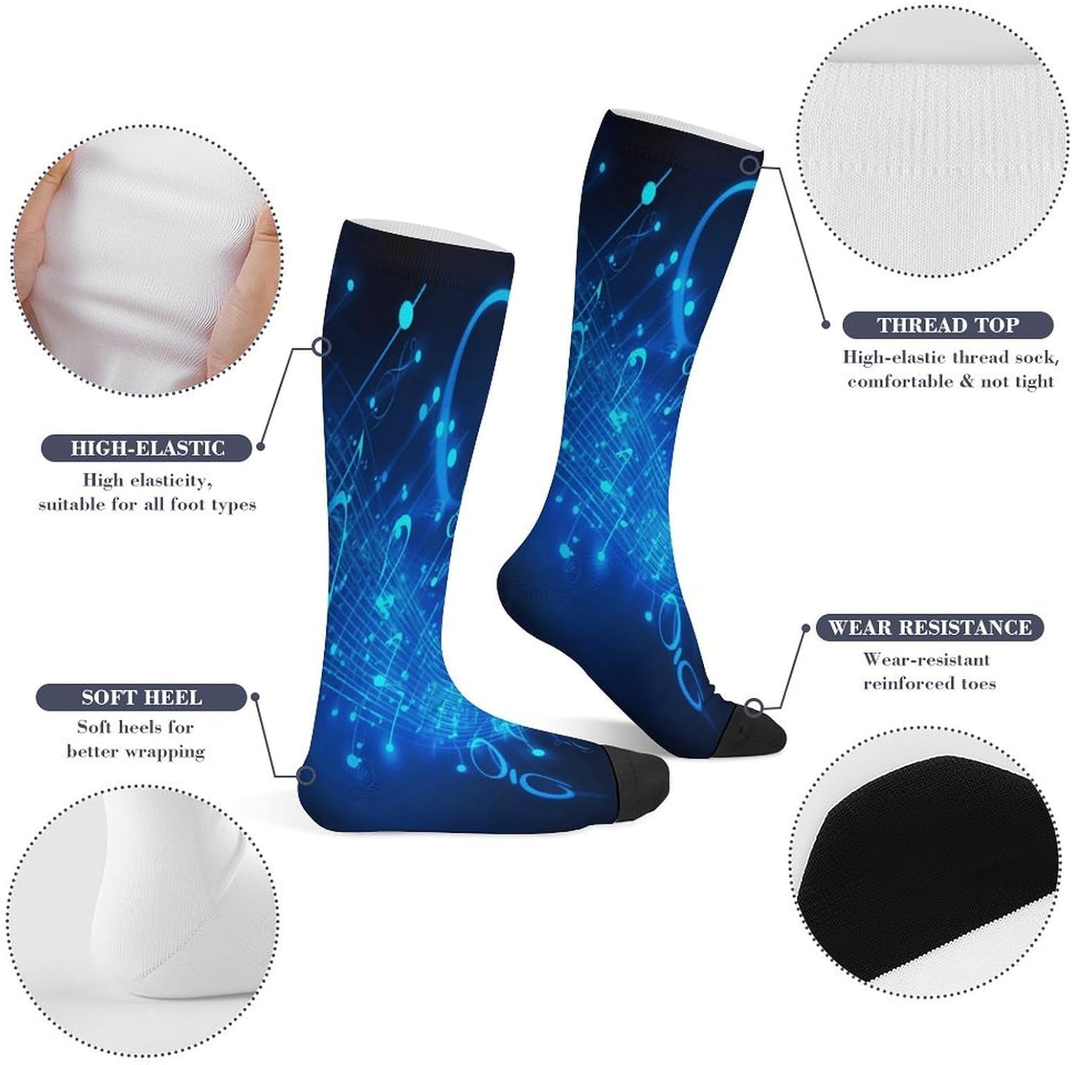 Blue Musical Notes Mid-Calf Socks Women Warm Knee High Socks Cozy Hiking Skiing Soft Boot Mid Calf Stocking Unisex