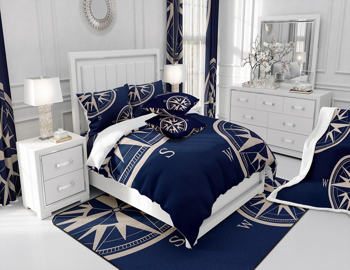 Castle Fairy Navy Blue Compass Comforter Set Queen Size 3 Pcs Sailing Nautical Theme Simple Style Bedding Set for Kids Teens Adults Retro Geometric Circles Plaid Quilted Comforter with 2 Pillowcases