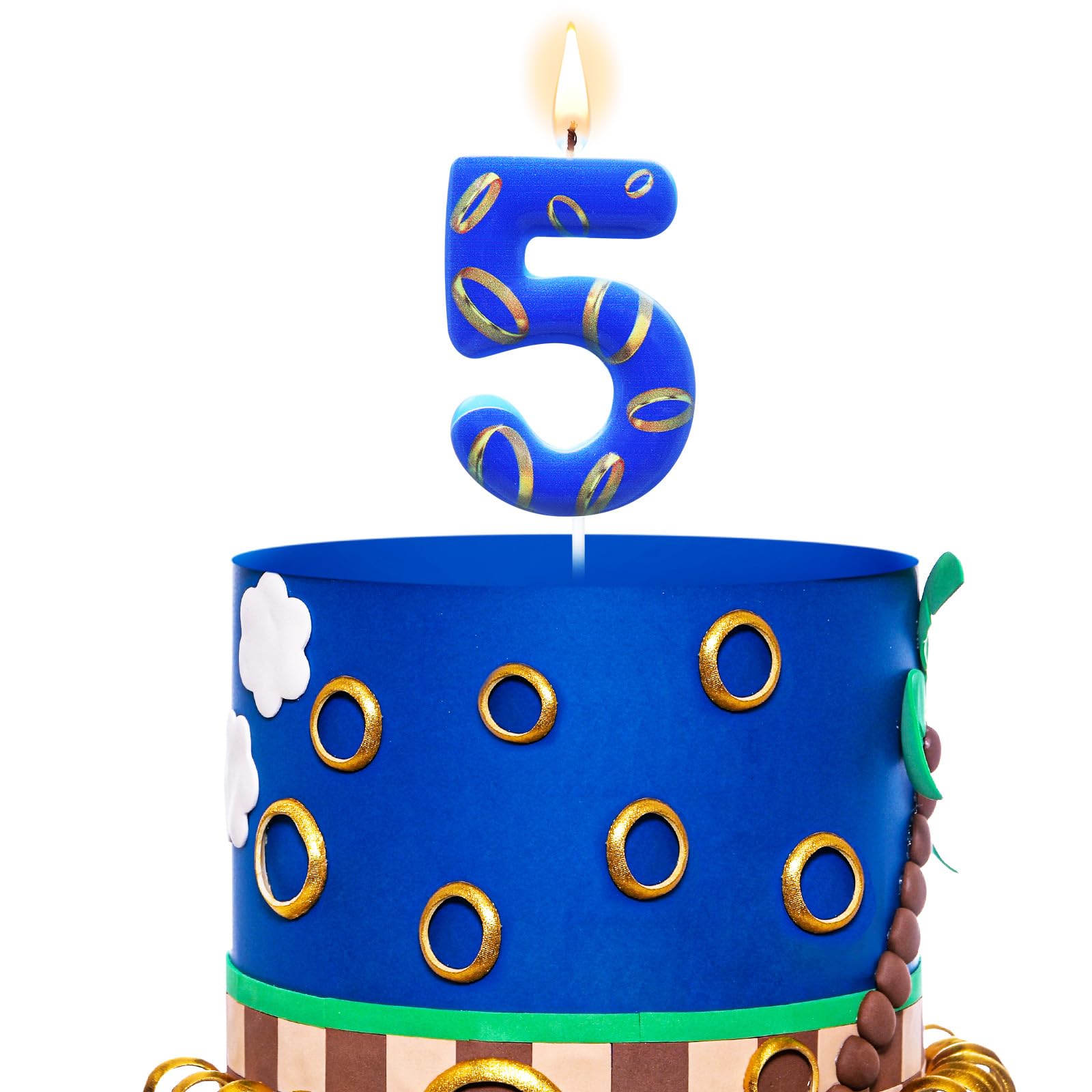 Conelist Number 5 Blue and Golden Rings Birthday Number Candle Blue Birthday Cake Topper for Boys Girls Cartoon Theme Party Decor Supplies