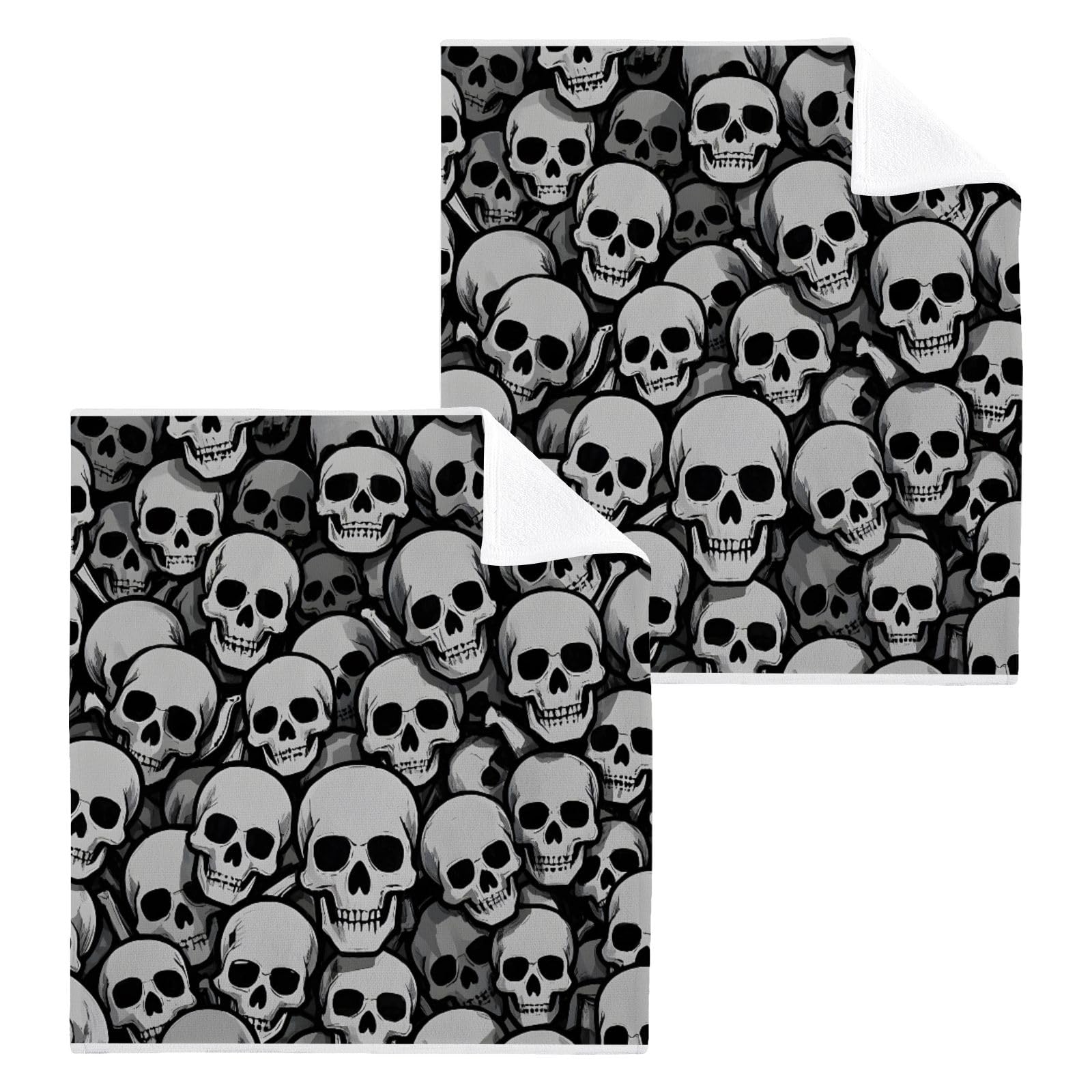 ALAZA Wash Cloth Set 100% Cotton Fingertip Towels Face Cloths Sets Skull Gray Highly Absorbent Soft Feel Set of 2