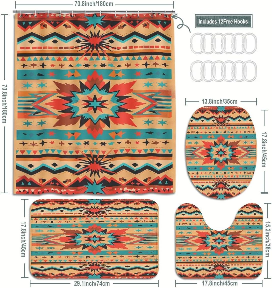 ナバホ南西部バスルームセット、シャワーカーテン付き4ピース71x71、バスマット、輪郭ラグ、トイレの蓋カバー、トライバルアステカパタ