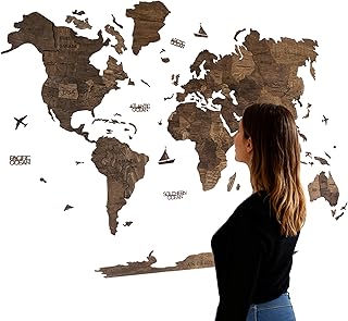 Handmade 3D Wood World Map Wall Art Large Wall Decor Track Your World Travels - Special for Home, Kitchen and Office (Walnut, Large)