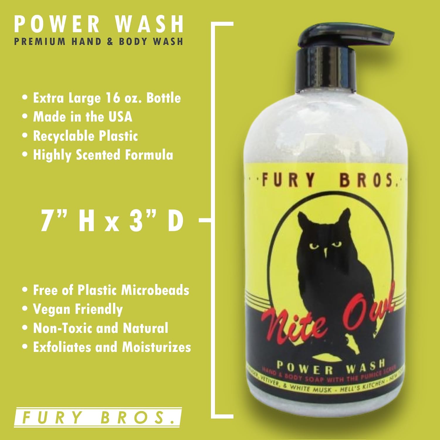 FURY BROS. Premium Power Wash | Nite Owl | Lavender Vetiver White Musk | Hand & Body Wash | Exfoliating Pumice | Moisturizing Aloe Vera | Highly Scented | Made in USA | 16 oz | Dad Men Bath