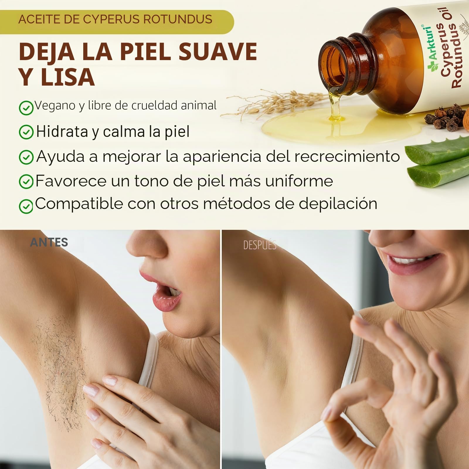 Aceite Cyperus Rotundus Oil, Aceite Depilatorio de Cyperus Rotundus 120ml, Oil Natural para Reducir el Crecimiento del Vello, Eliminación de Vello Corporal, Suaviza la Piel, Inhibidor de Crecimiento