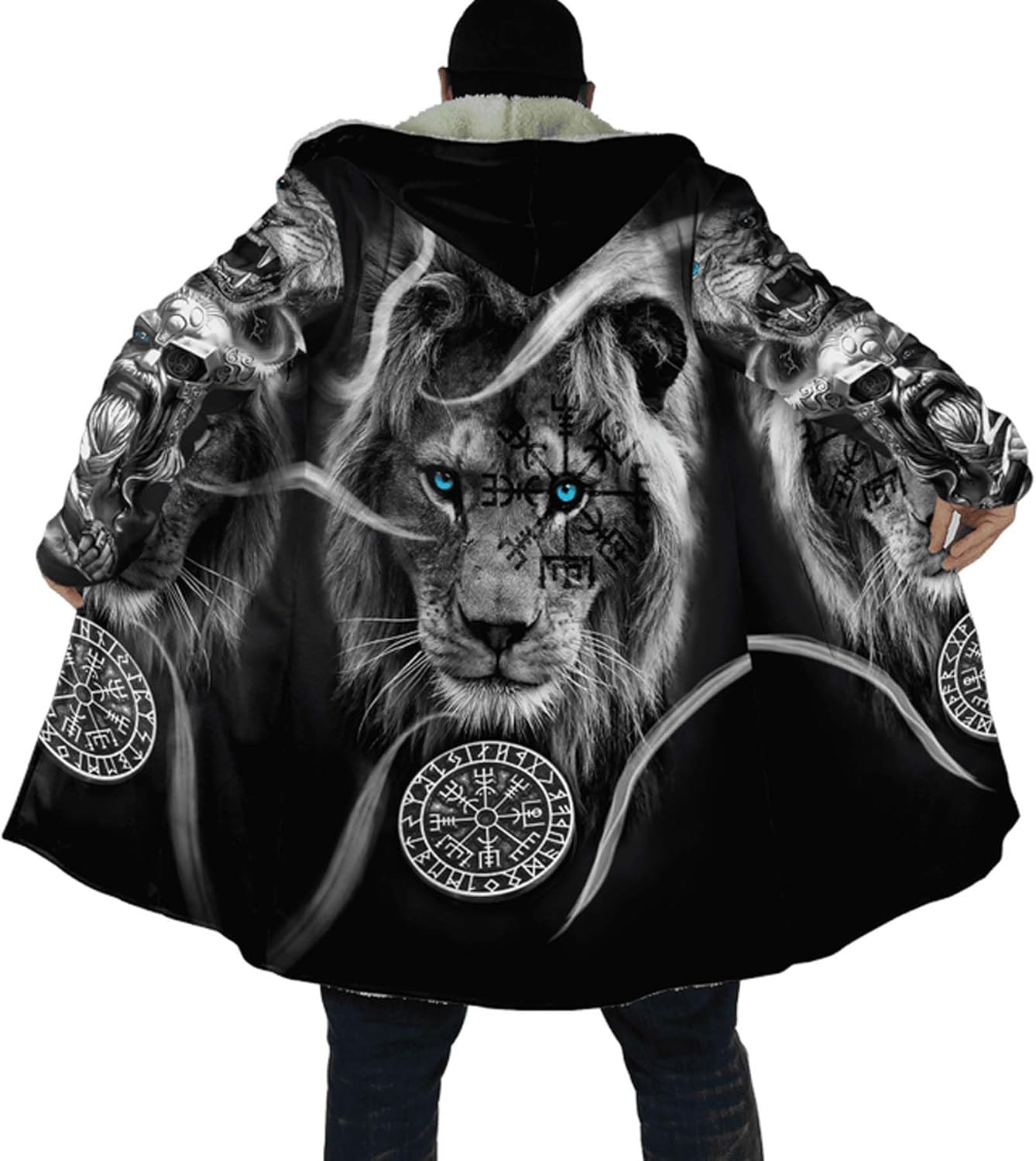 3D Print The Viking Winter Jackets for Men, Thickened Warm Coat Faux Cashmere Parka, Casual Robe Celtic Wolf Cloak