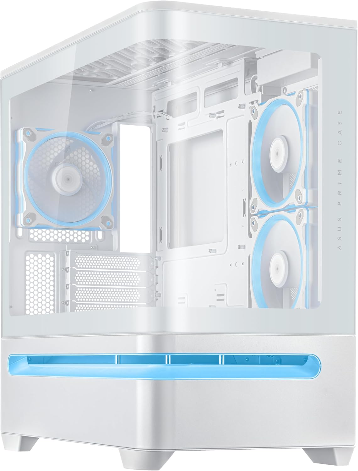 Front I/O panel of ASUS Prime AP202 ARGB White mATX PC Case with USB ports, audio jacks, and power button