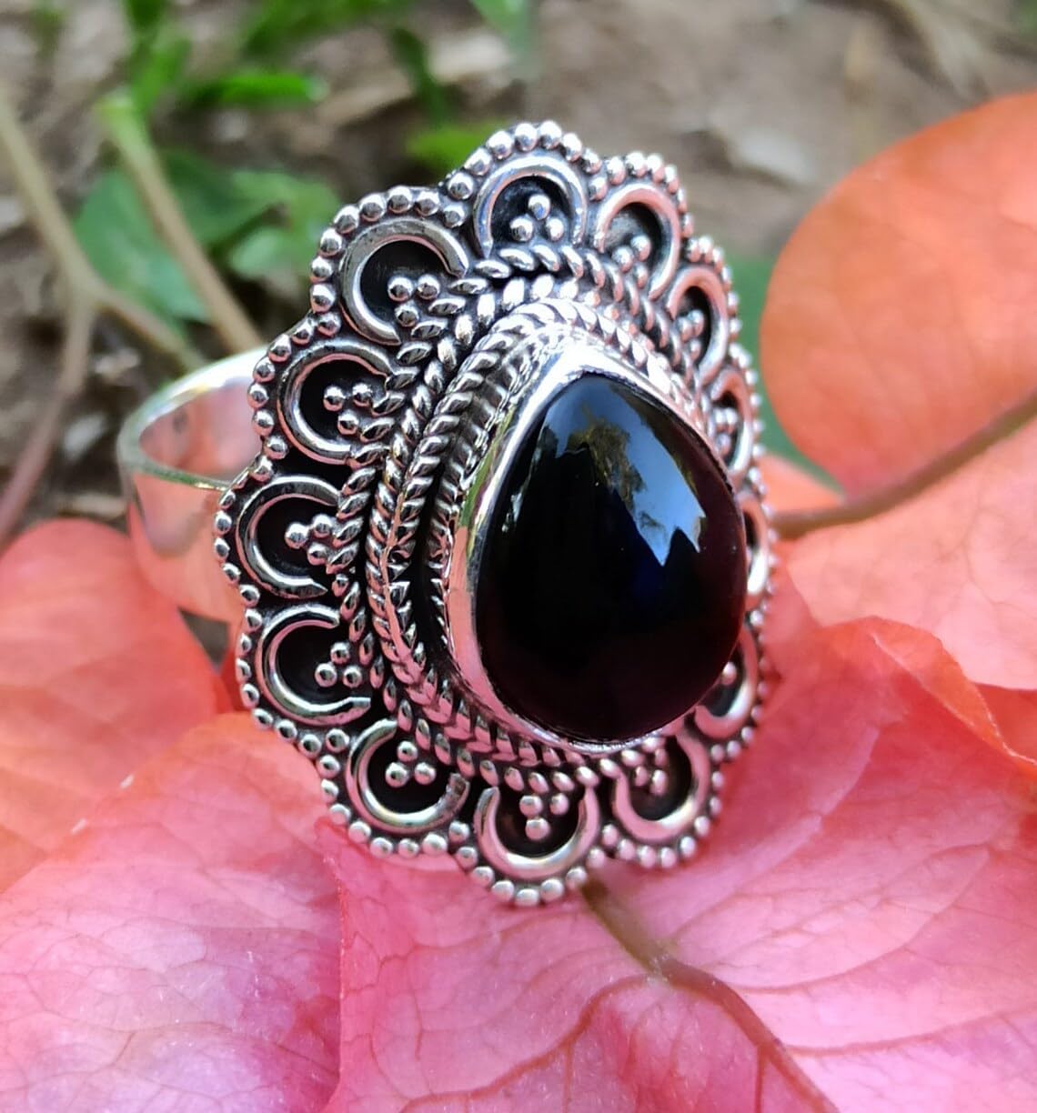 Natural Black Onyx Ring| Pear Stone Ring| Handmade Ring| Designer Band Ring| Boho Ring| Statement Ring| Cabochon Ring| Black Gemstone Ring| Trendy Ring| Black Onyx Jewelry