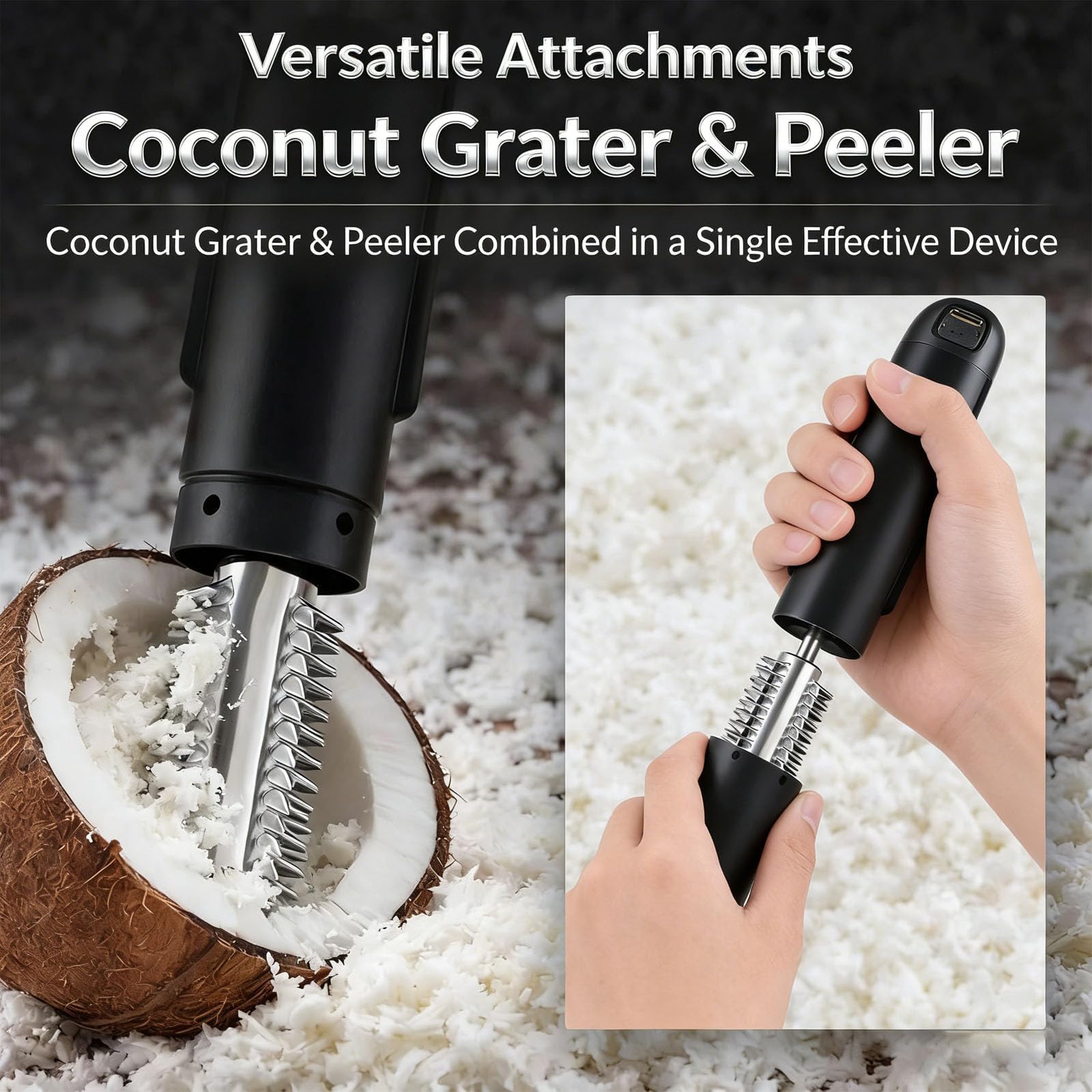 Macchina Elettrica Portatile Grattugia di Cocco, Trituratore Cordless Portatile con Rullo in Acciaio Inox Anti-spruzzo per Cocco, Pesce e Verdure (Nero)