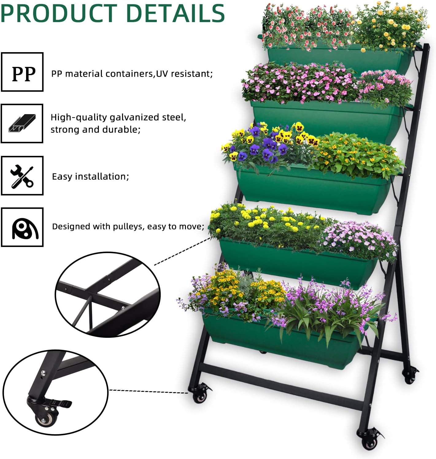 4FT Vertical Raised Garden Bed 5 Tier Planter Box with Wheels, to Grow Flowers, Vegetables, Herbs, on Your Patio Balcony Greenhouse for Outdoor and Indoor Gardening