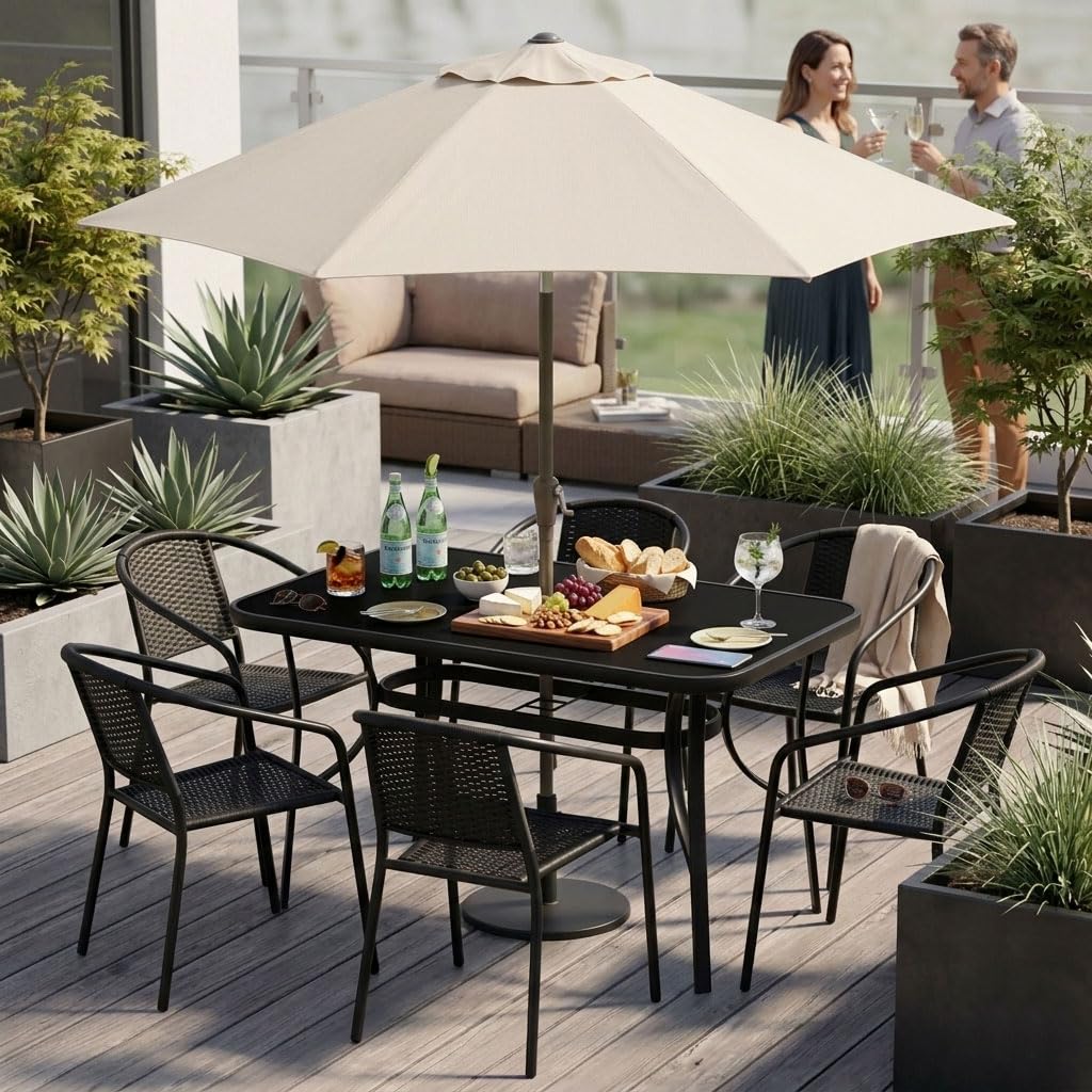 Mesa de jardín de 120 x 70 cm con tablero de cristal templado, mesa de terraza con orificio para sombrilla, mesa rectangular para balcón, mesa de exterior de acero