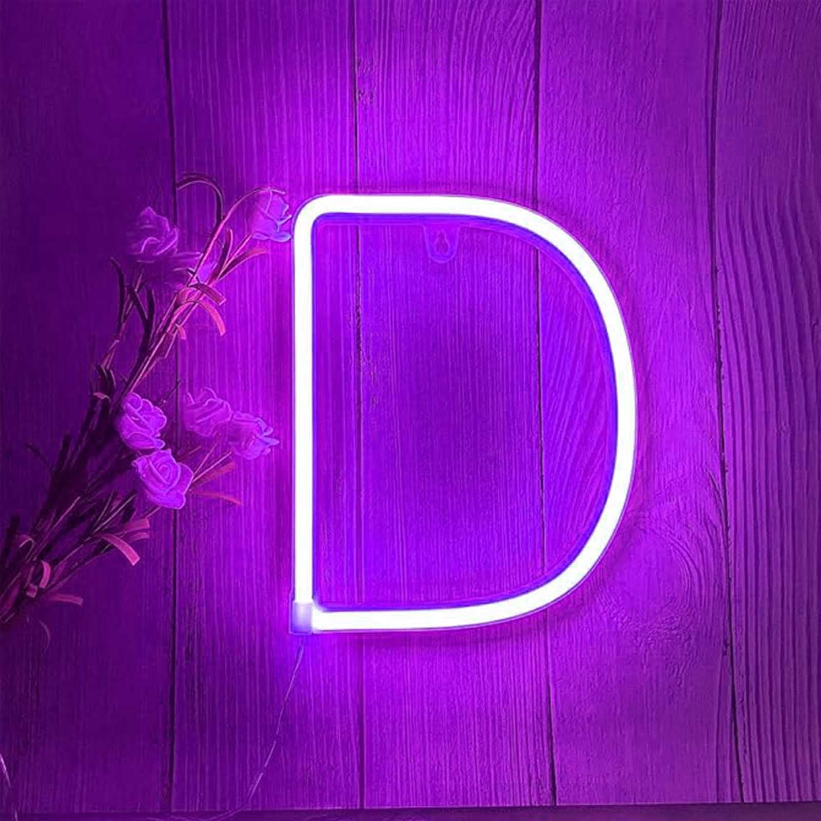 Purple Neon Light for Home & Party - Dual Power USB/3AA Battery Custom Text Signs for Bedrooms Bars Photo Studios Holiday Events and Cafe Wall Decoration(Letters D) — image 1