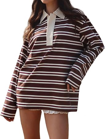 Women Long Sleeve Striped Polo Shirts Loose Fit Button Up Rugby Polo Shirts Vintage Preppy Aesthetic Sweatshirt